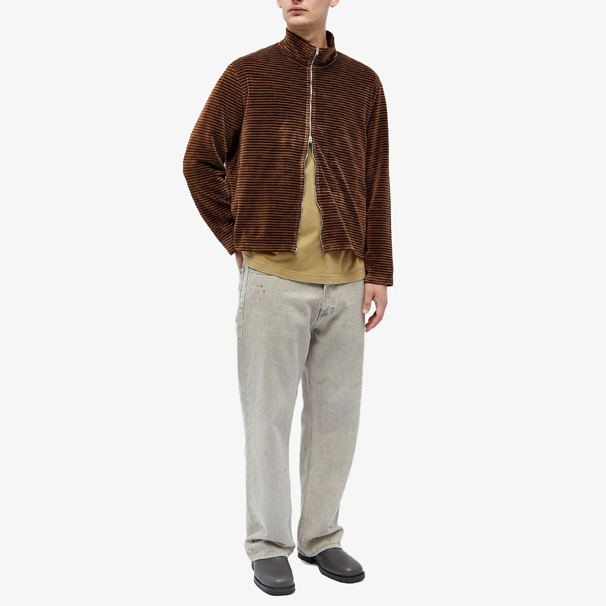 Our Legacy Men's Shrunken Fullzip Polo Scoobie Stripe Velour Our Legacy Men's Shrunken Fullzip Polo Scoobie Stripe Velour