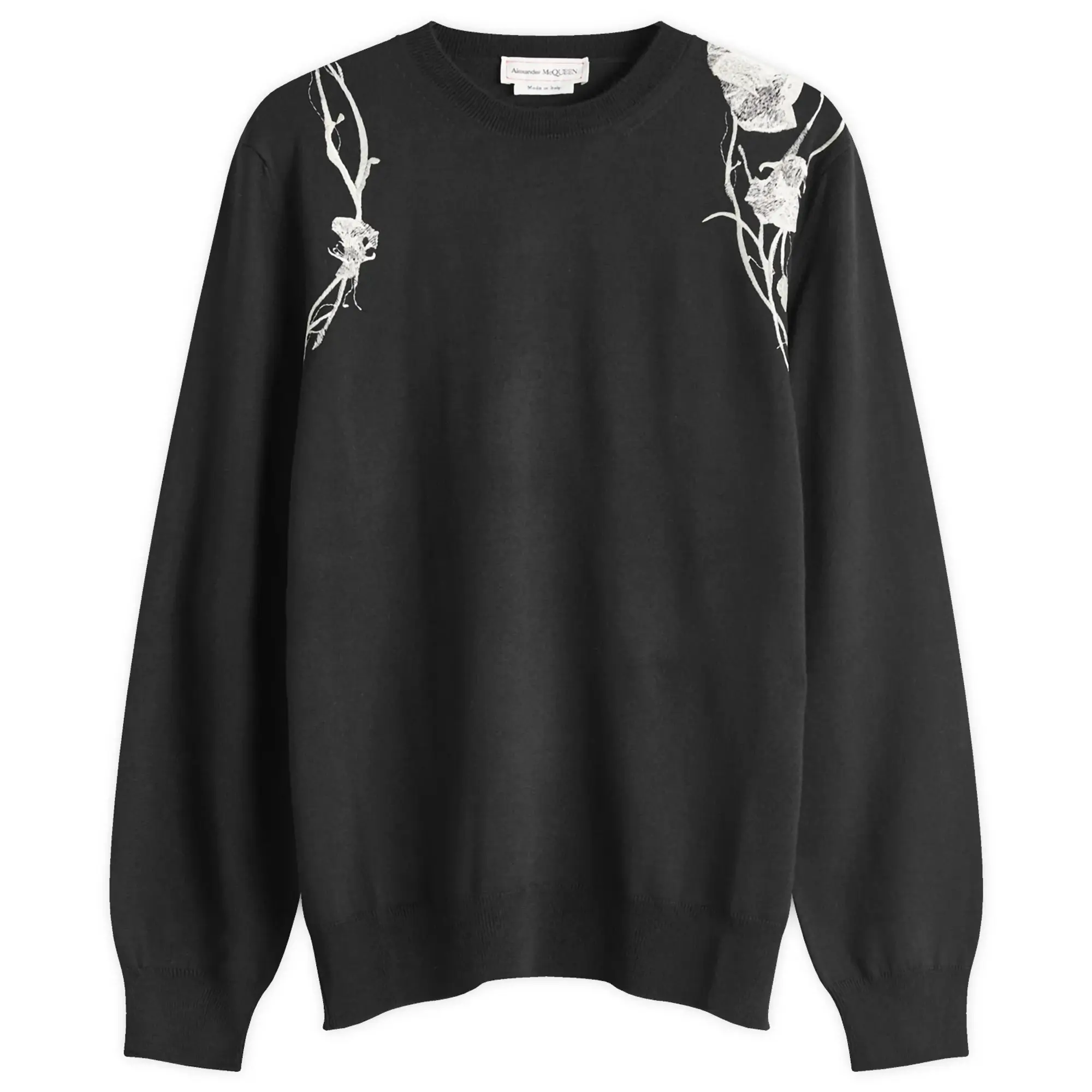 Alexander McQueen Men's Embroidered Flower Crew Neck Jumper Black/Ivory