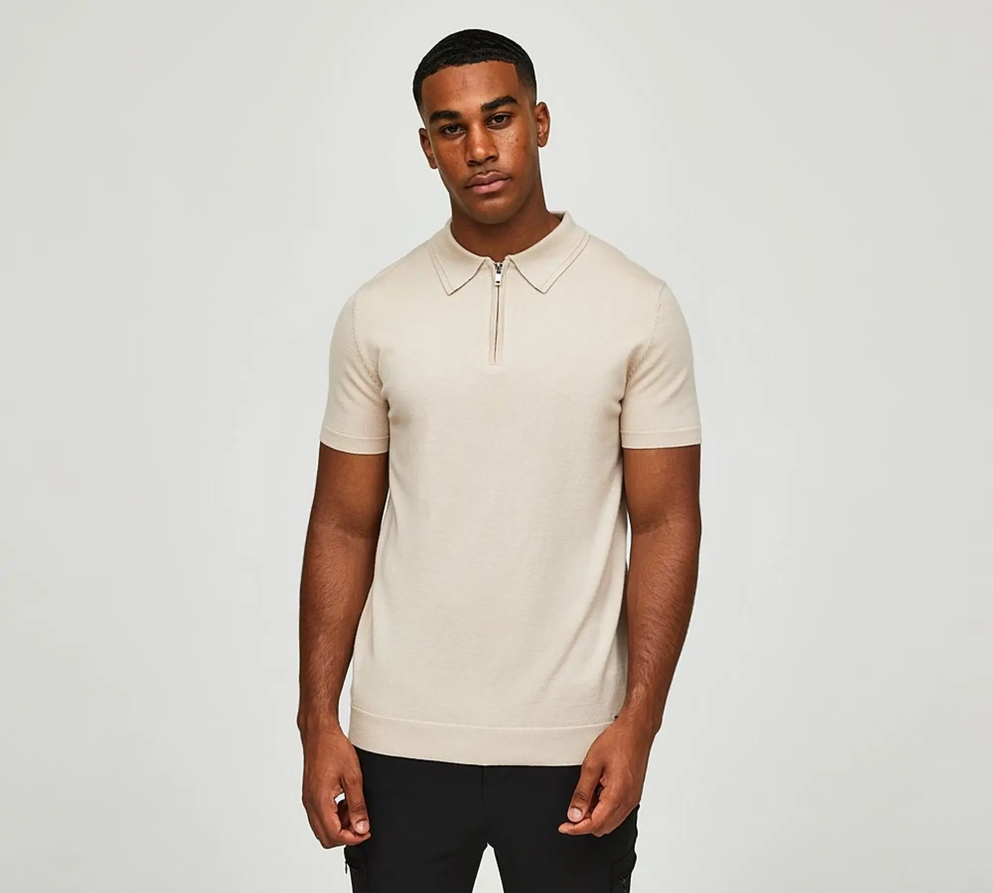 Belier Short Sleeved Quarter Zip Knit Polo Shirt - Beige - Size XL - Beige