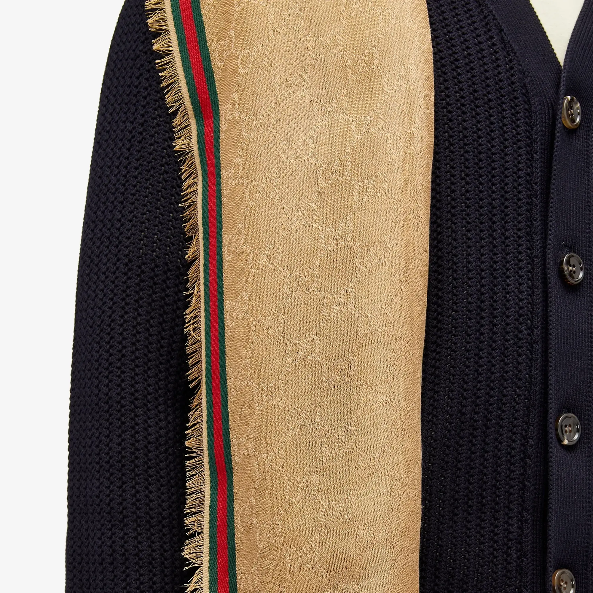 Gucci Men's GG Jacquard Tape Trim Scarf Sand/Green