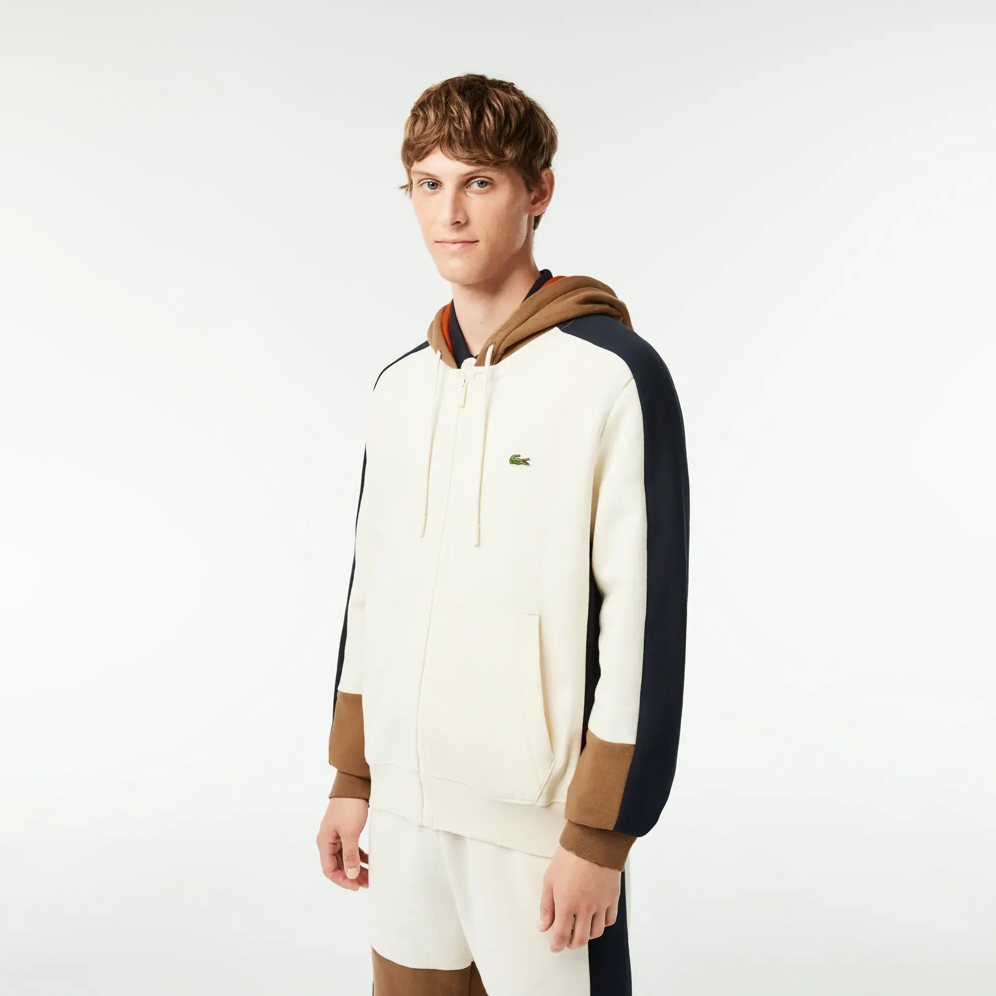 Lacoste Zip-Up Colour-Block Hoodie - White / Brown / Navy Blue