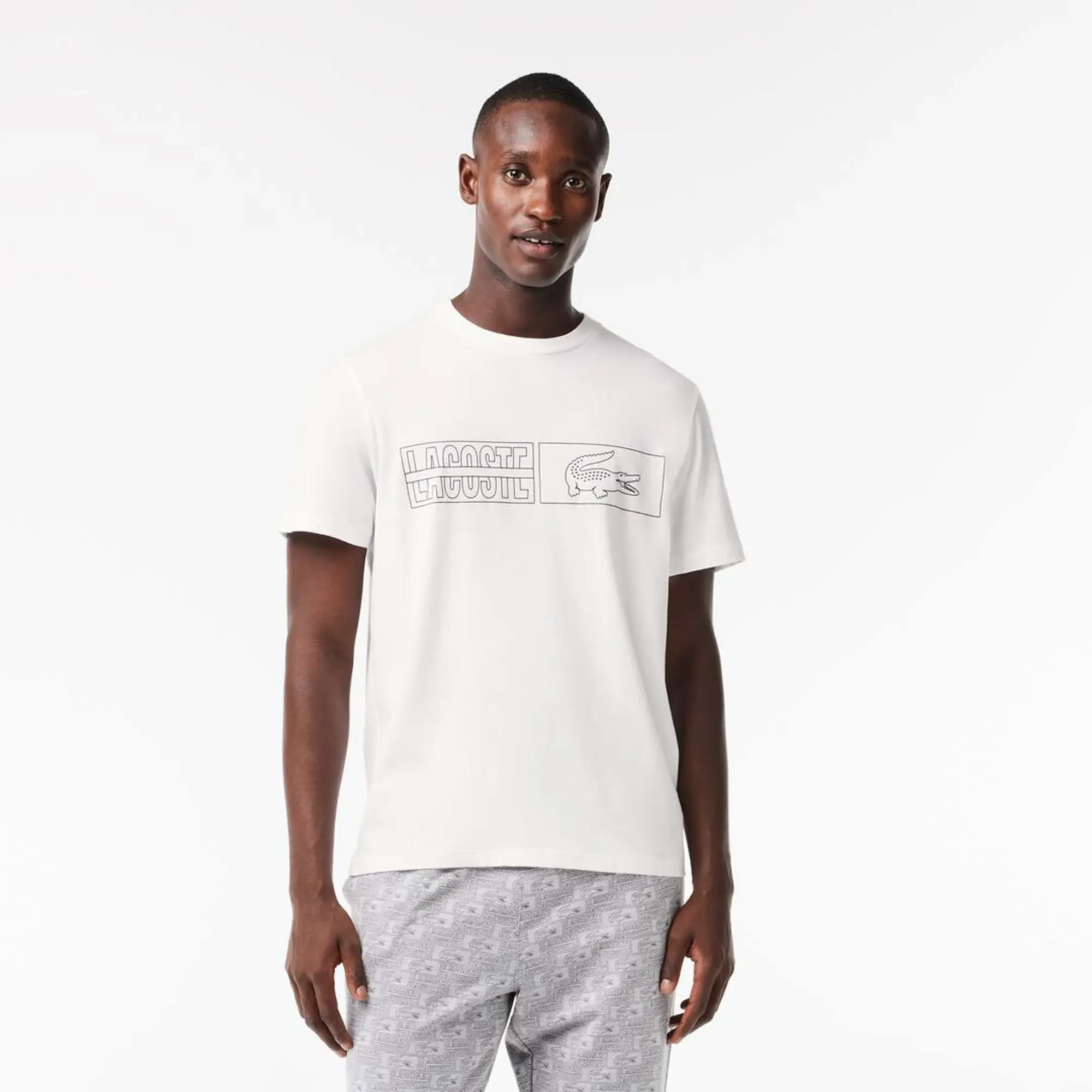 Lacoste Cotton Jersey Printed Lounge T-shirt - White / Navy Blue