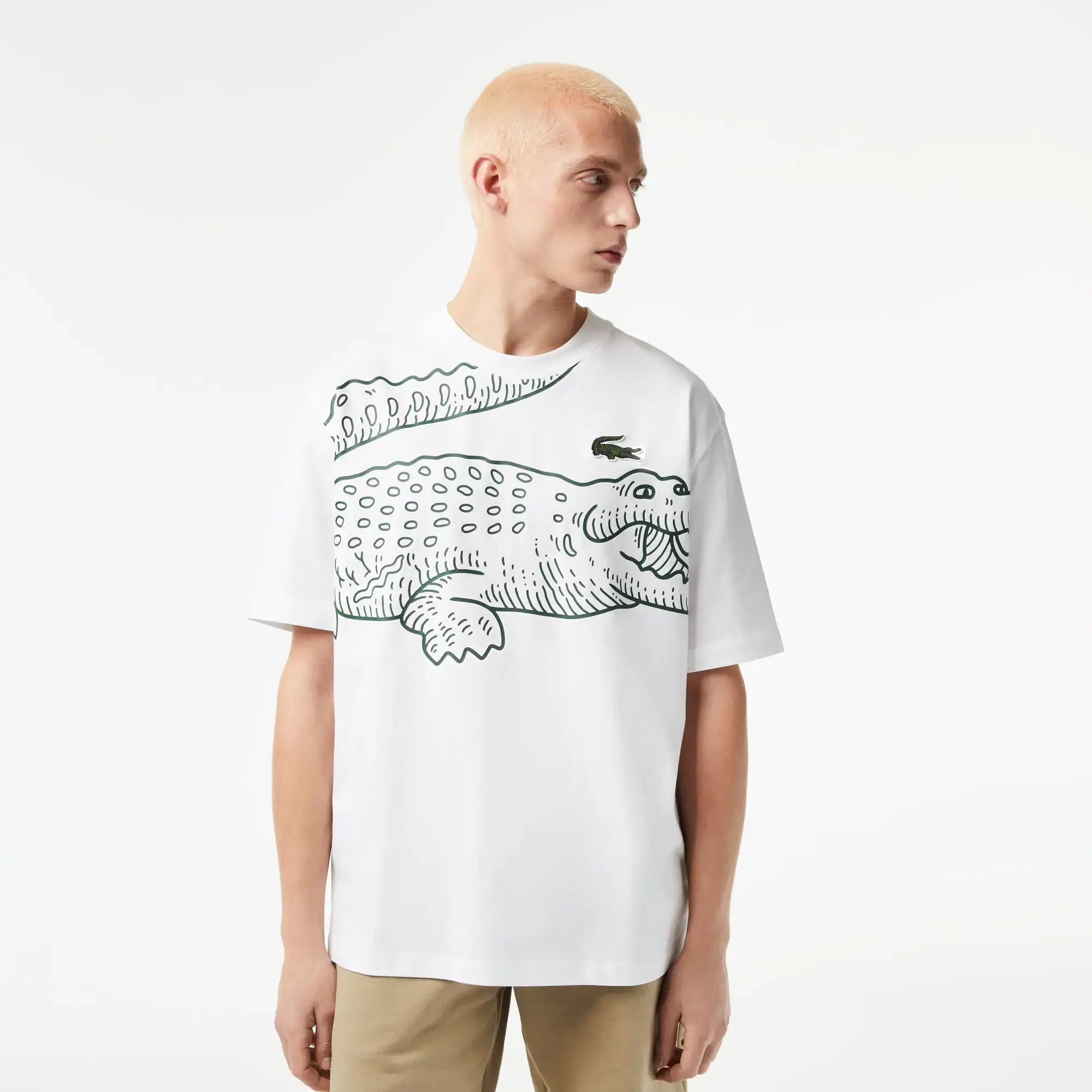 Men s Lacoste Round Neck Loose Fit Crocodile Print T shirt White TH5511 001 FOOTY.COM