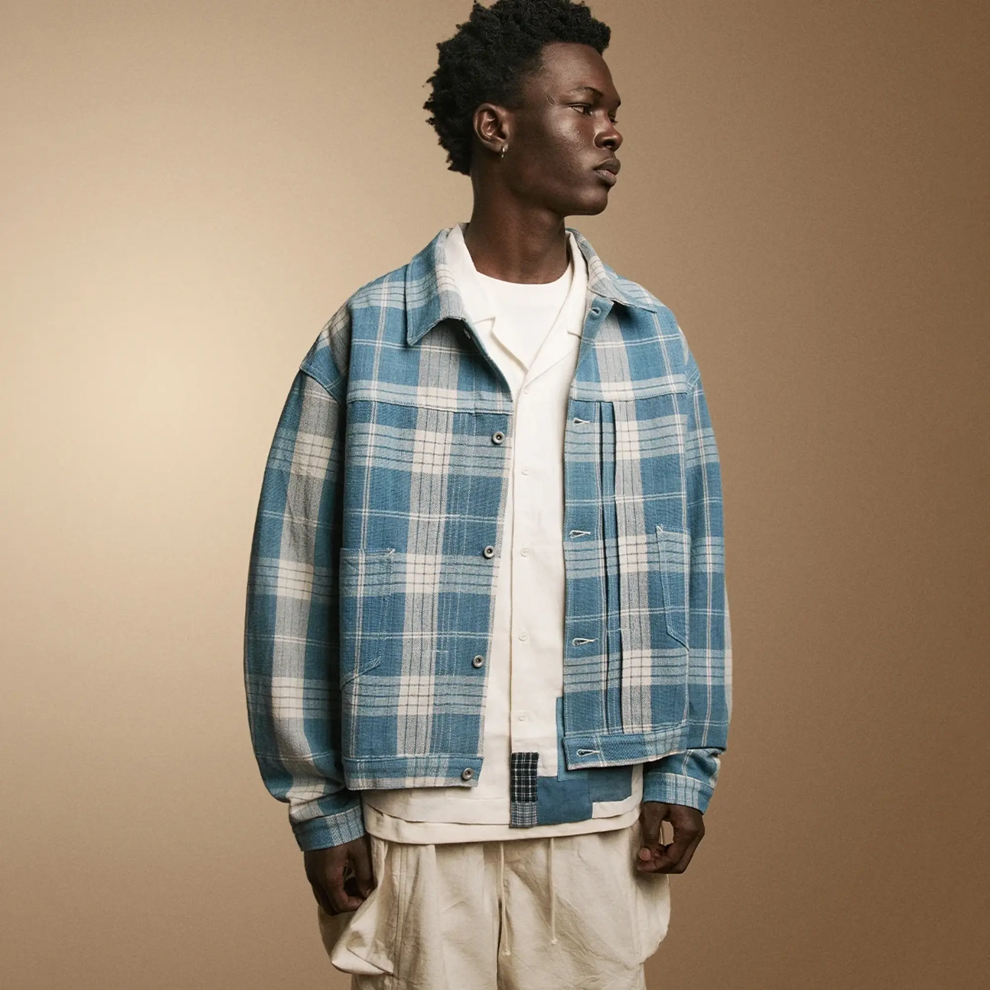 Story mfg. Men's Sundae Jacket Indigo Ecru Check | SSS24JASUNHALIEC |  FOOTY.COM