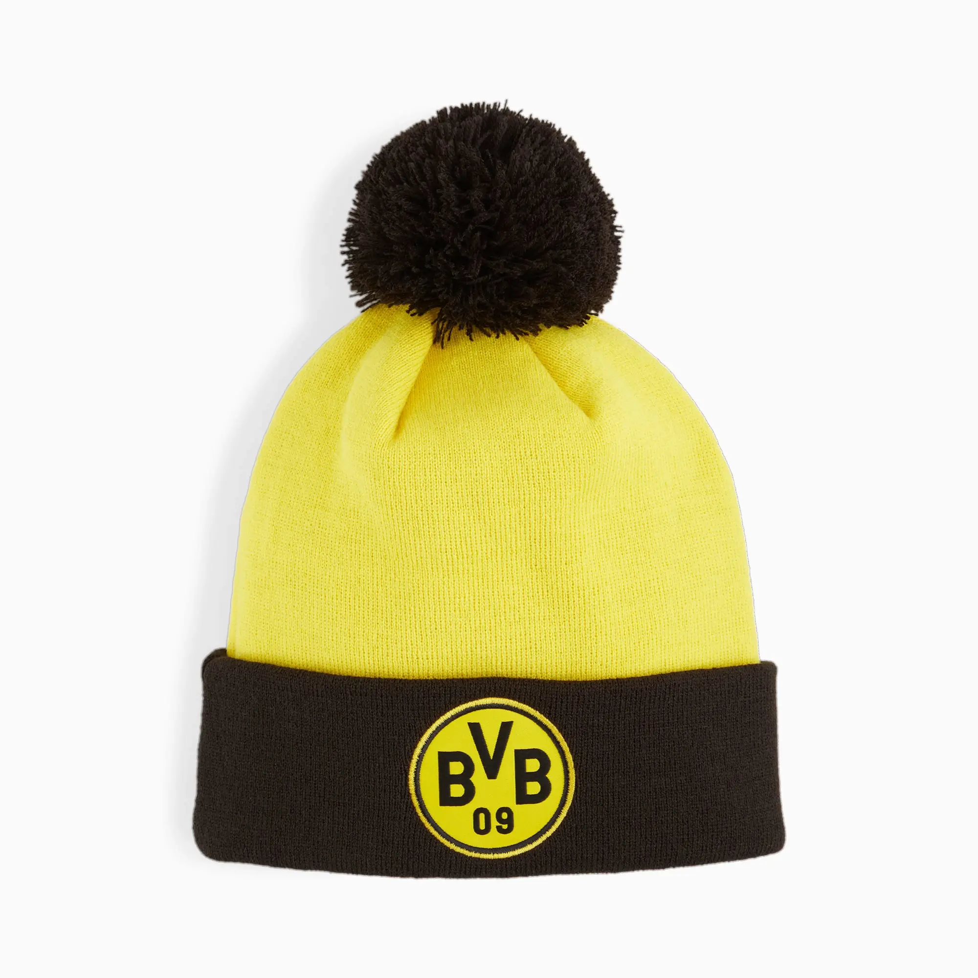 PUMA Borussia Dortmund Ftblessentials Pom Pom Beanie Hat, Faster Yellow/Black