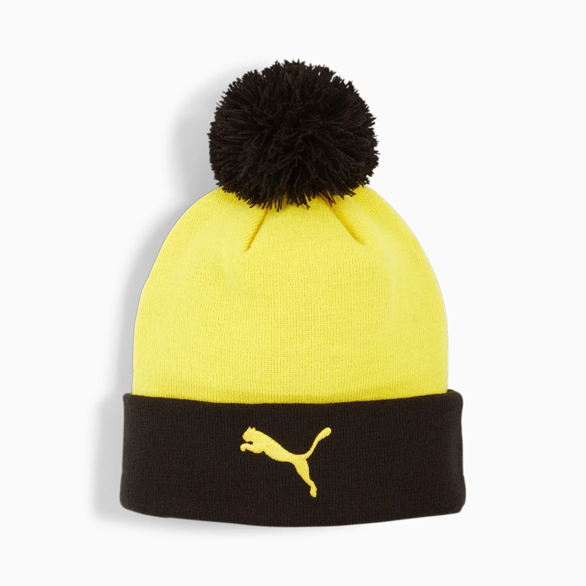 PUMA Borussia Dortmund Ftblessentials Pom Pom Beanie Hat, Faster Yellow/Black