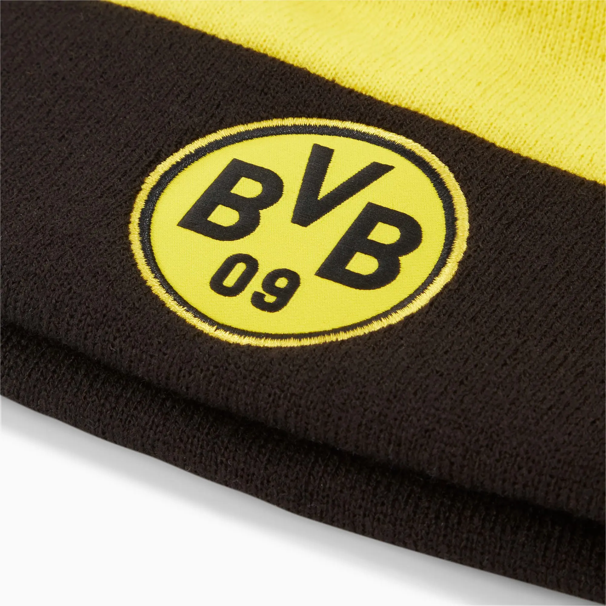 PUMA Borussia Dortmund Ftblessentials Pom Pom Beanie Hat, Faster Yellow/Black