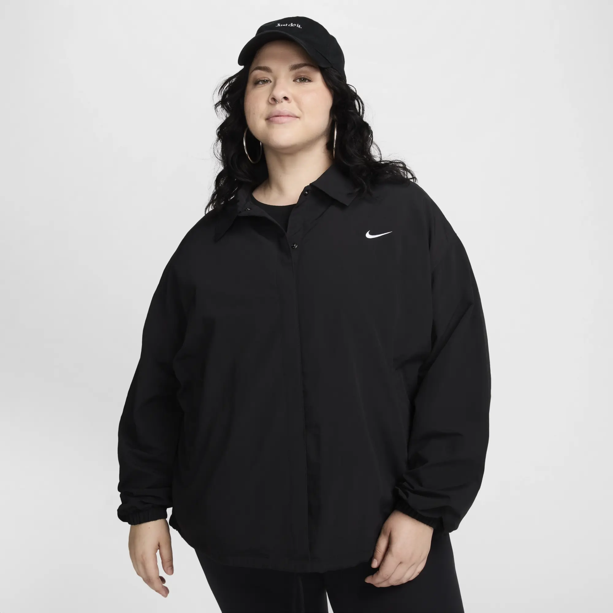 Nike Sportswear Essential Women s Oversized UV Woven Coaches Jacket Black Nylon HF9269 010 FOOTY.COM