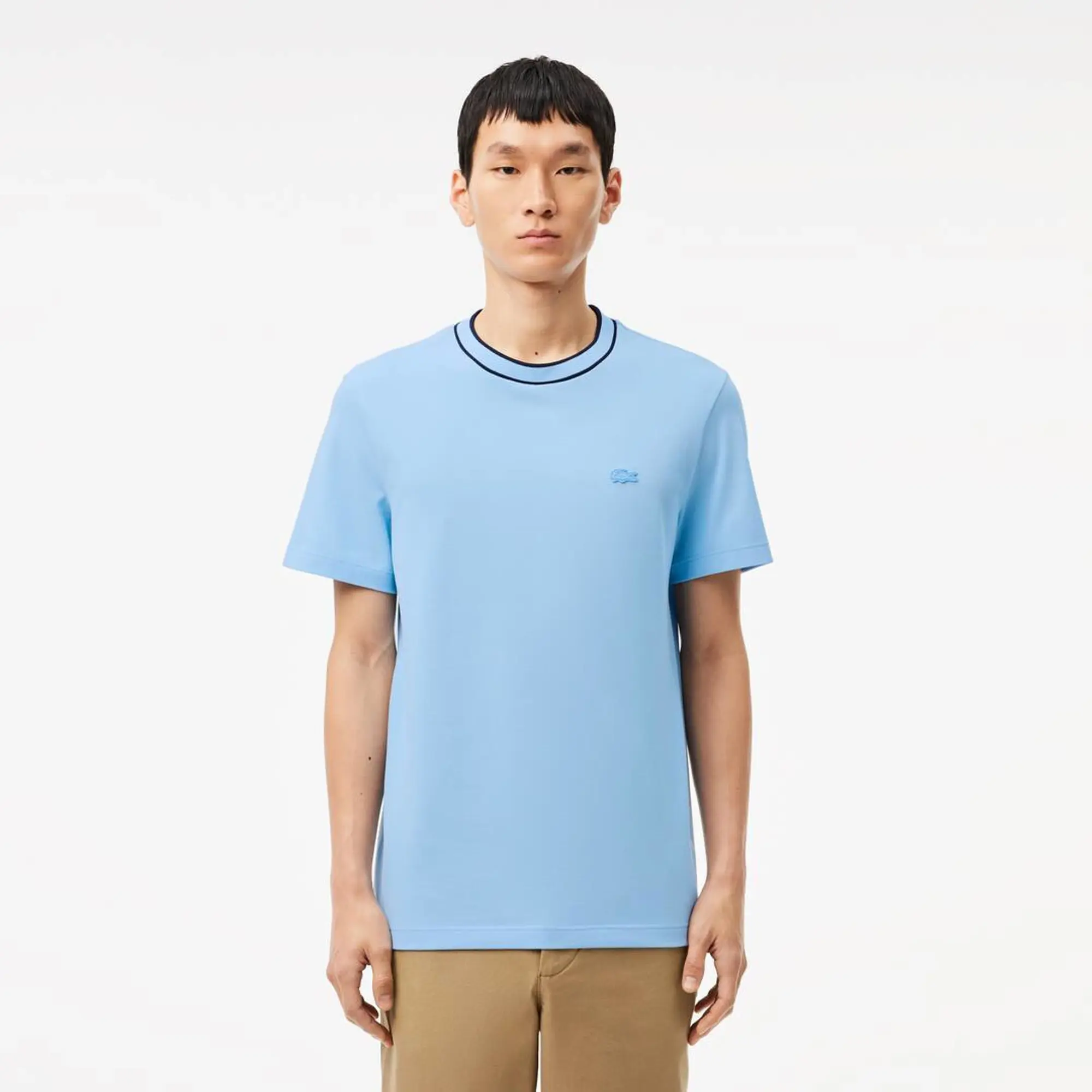 Lacoste Stretch Piqué Stripe Collar T-shirt - Pale Blue