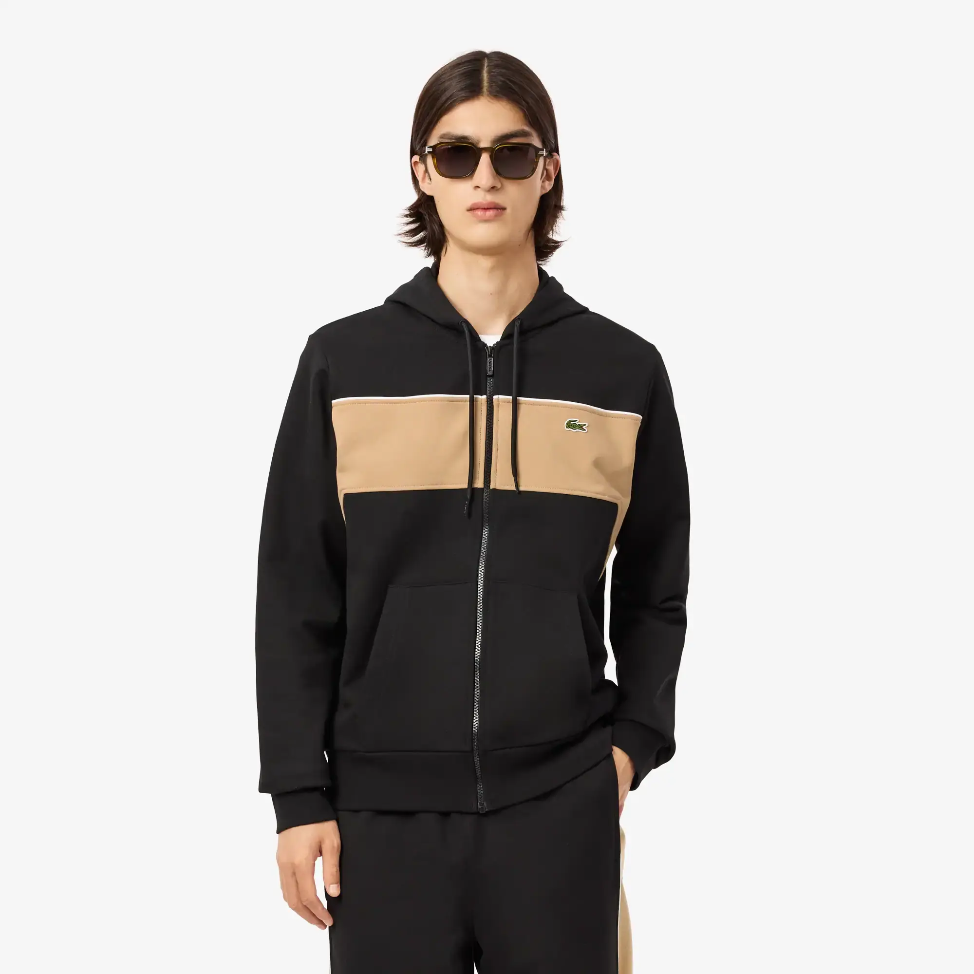 Lacoste Zip-Up Colour-Block Hoodie - Black / Beige
