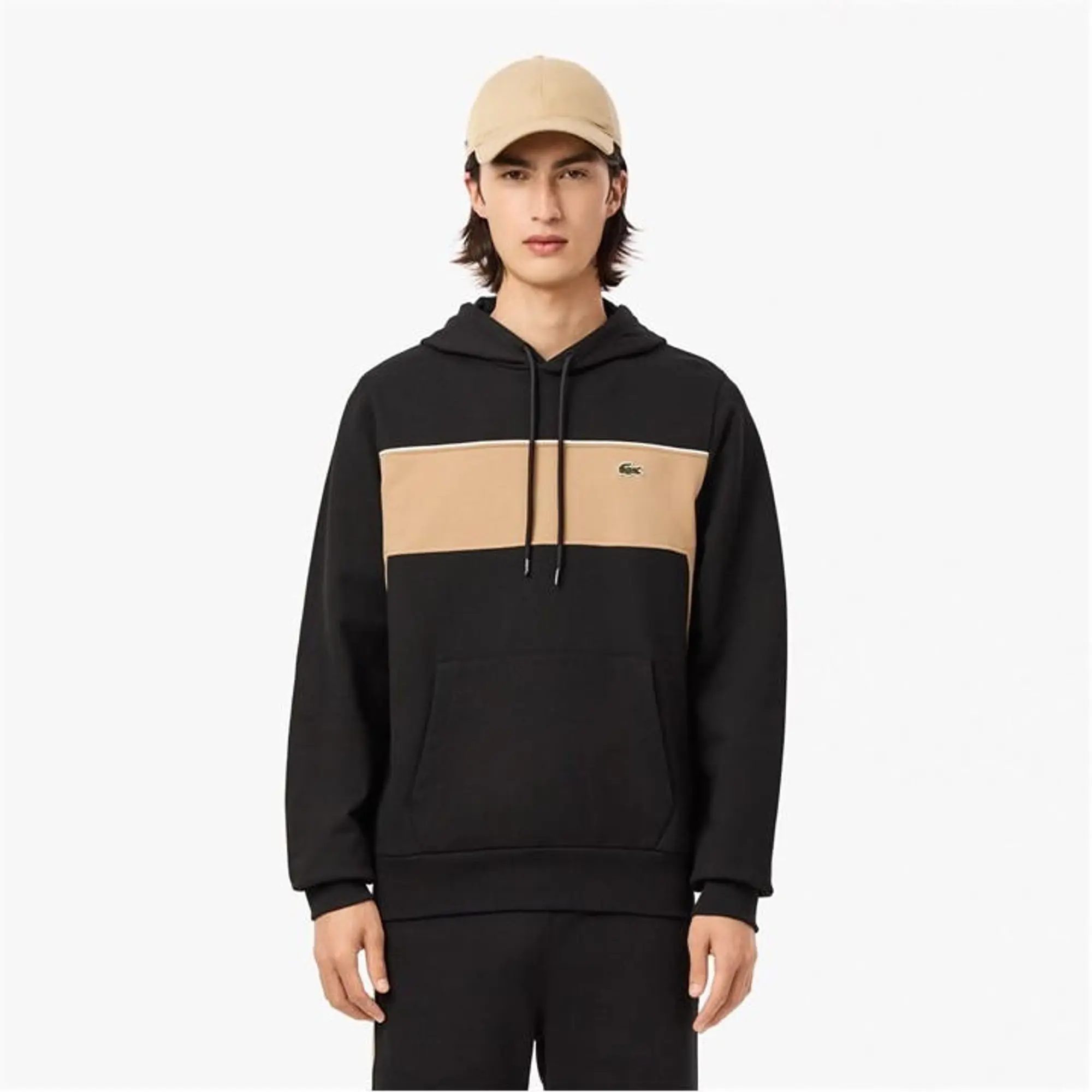 Lacoste Colourblock Fleece Hoodie - Black / Beige