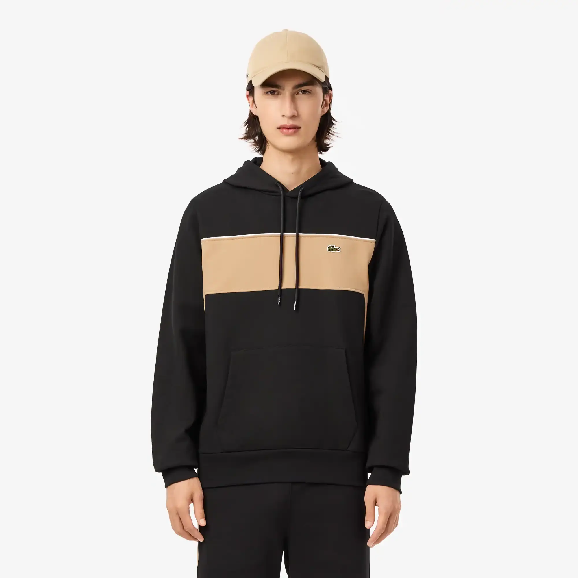 Lacoste Colourblock Fleece Hoodie - Black / Beige