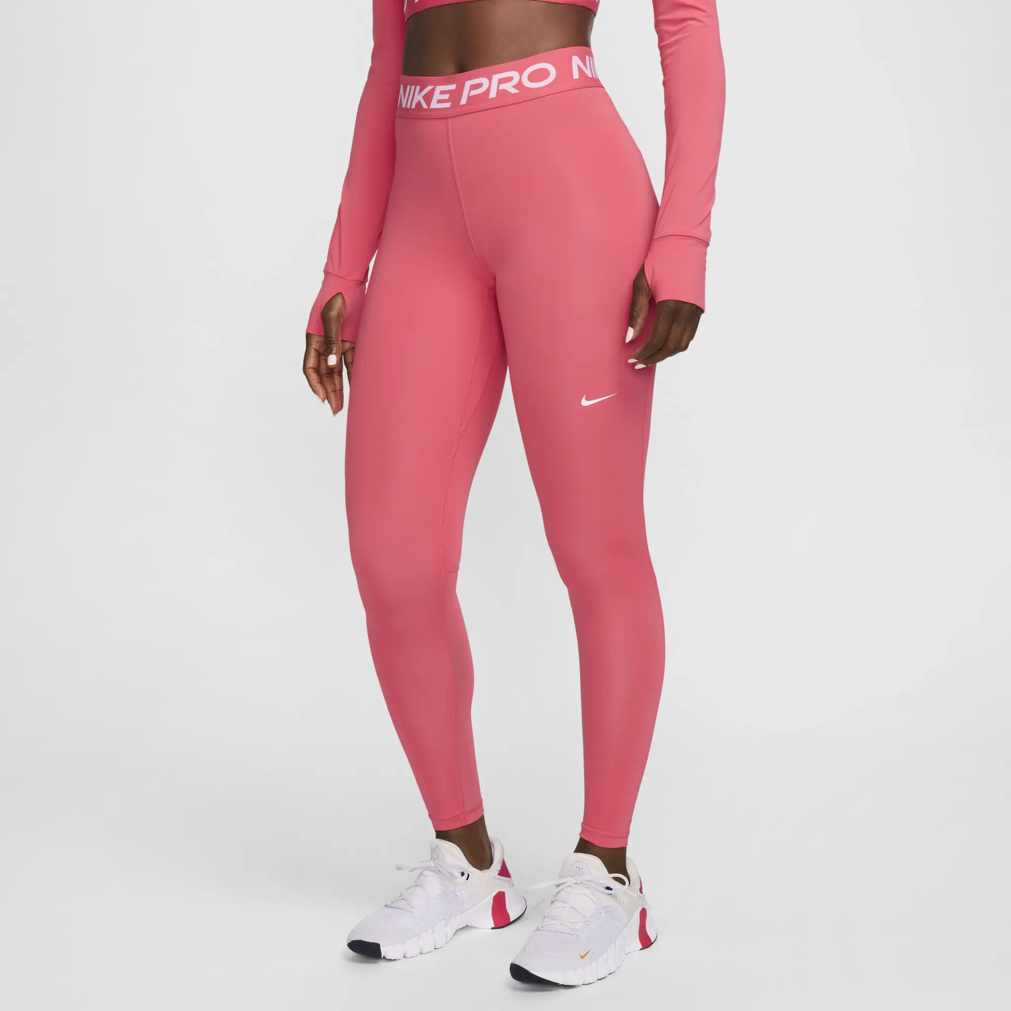 Nike Pro Women's Mid-Rise Mesh-Panelled Leggings - Pink - Polyester/Elastane