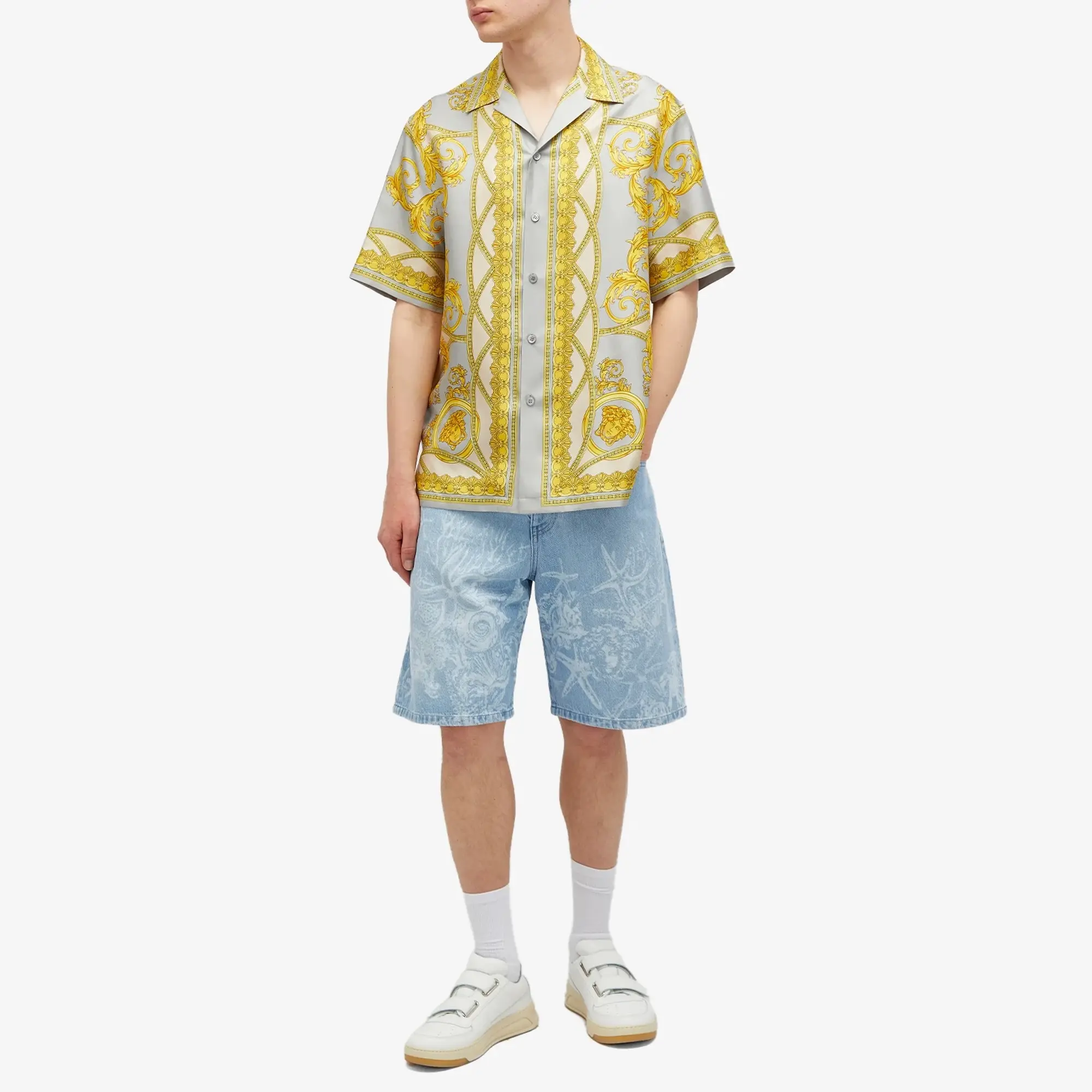 Versace Men's Long Line Denim Short Light Blue