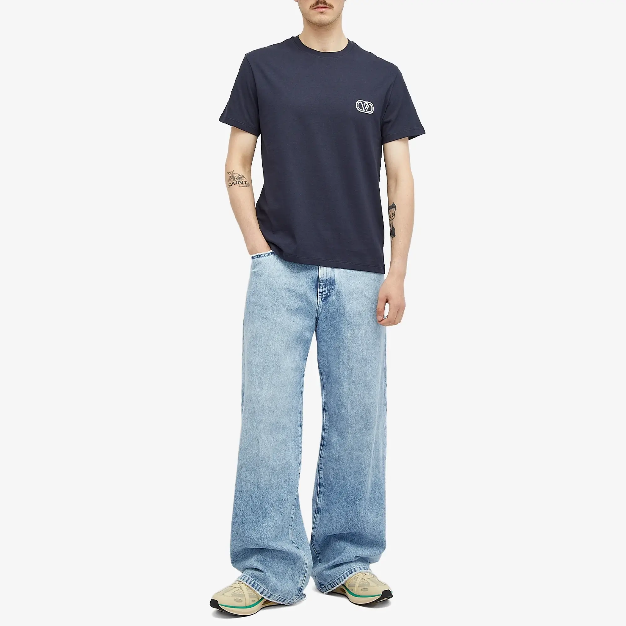 Valentino Men's Small V Logo T Shirt Navy