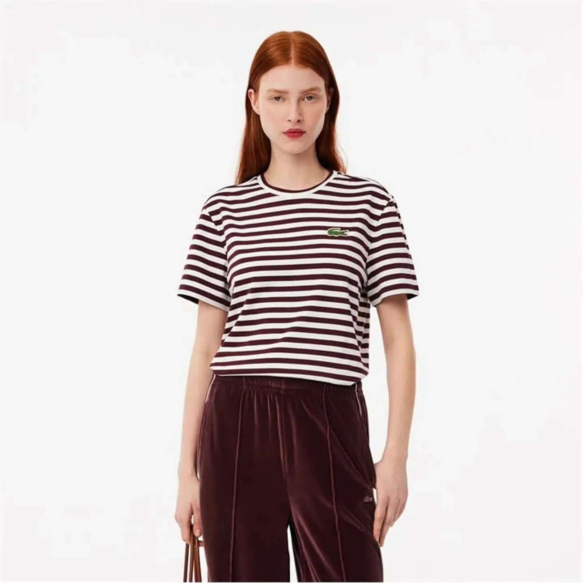 Lacoste Loose Fit Striped Cotton T-shirt - Bordeaux / White