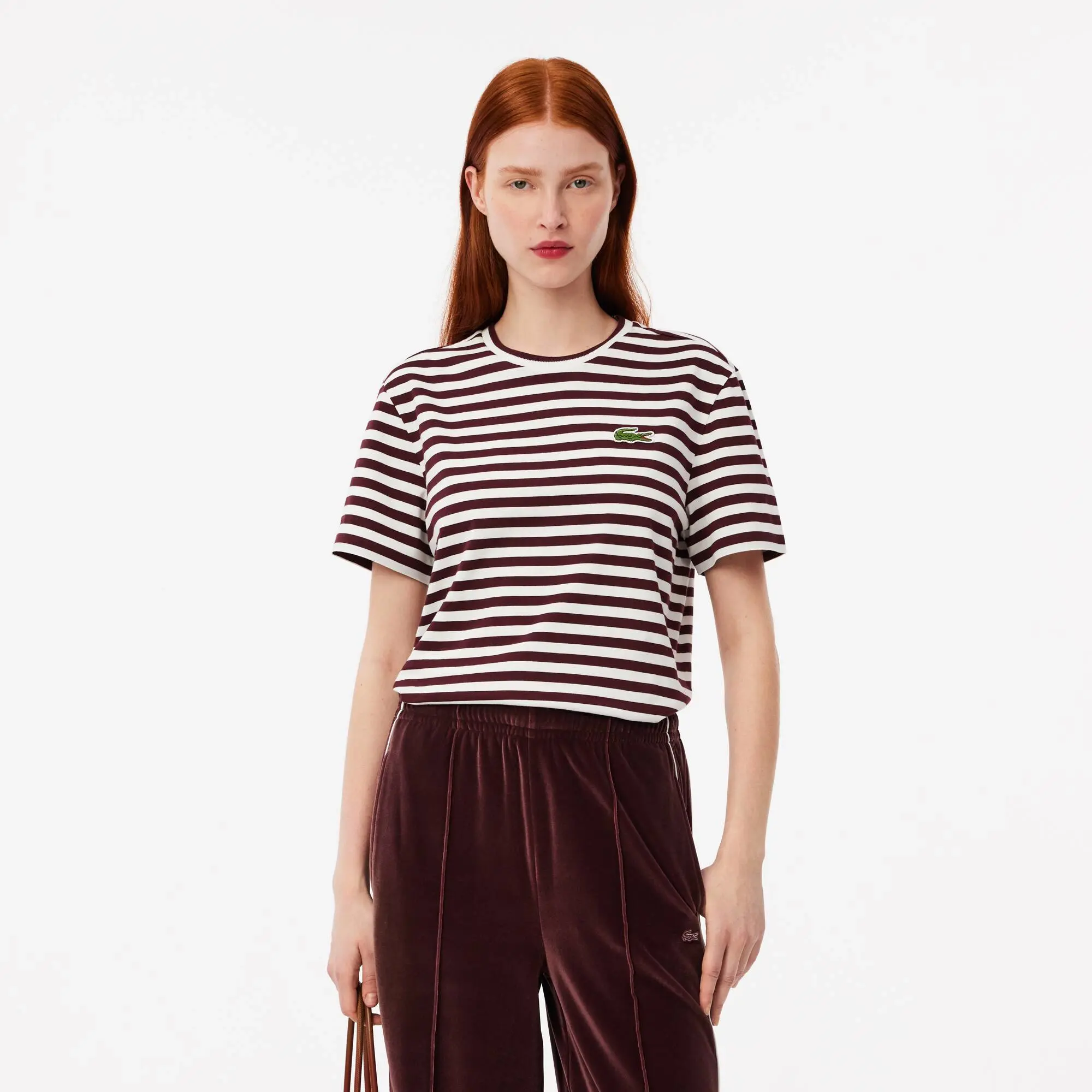 Lacoste Loose Fit Striped Cotton T-shirt - Bordeaux / White