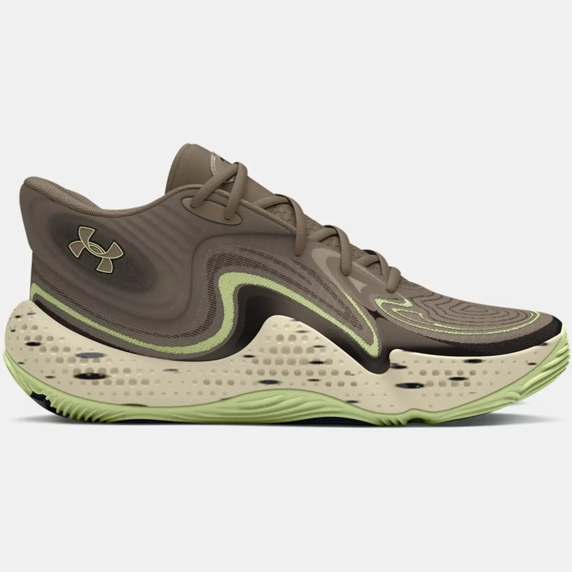 Unisex  Under Armour  Spawn 6 Mid Camo Basketball Shoes Taupe Dusk / Black / Retro Green 6.5