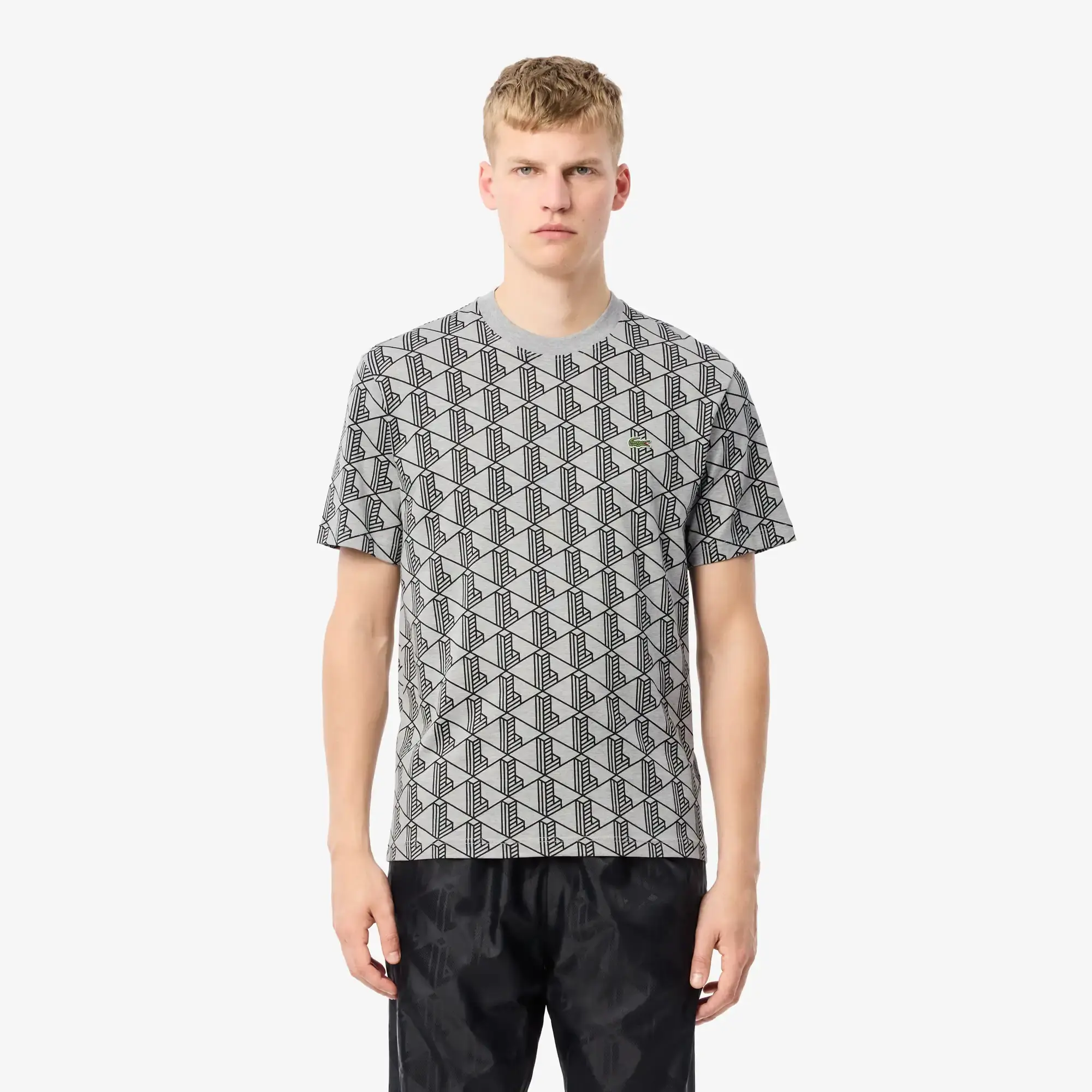 Lacoste Monogram Cotton T-shirt - Grey Chine / Black