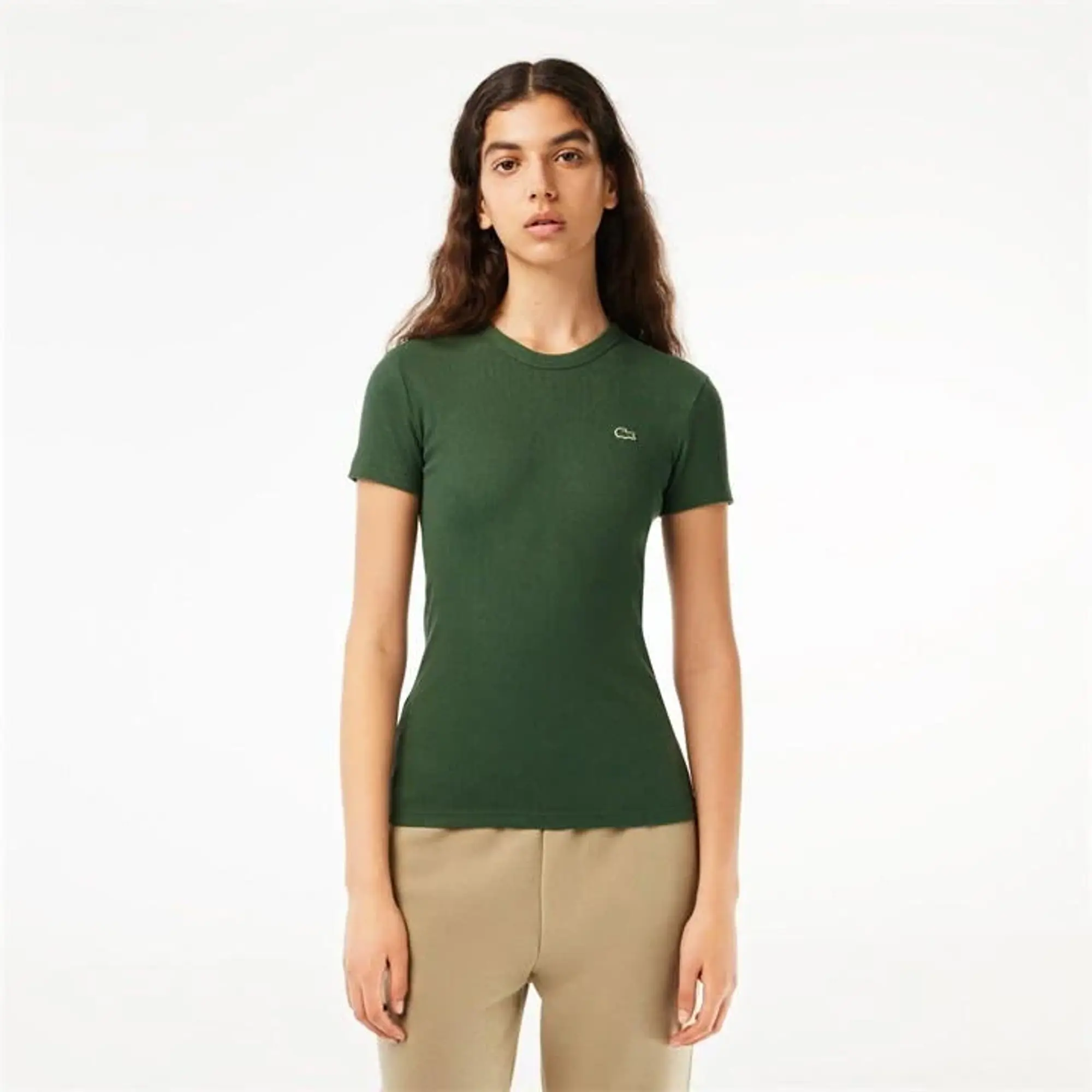 Lacoste Women’s Slim Fit Ribbed Cotton T-shirt - Dark Green