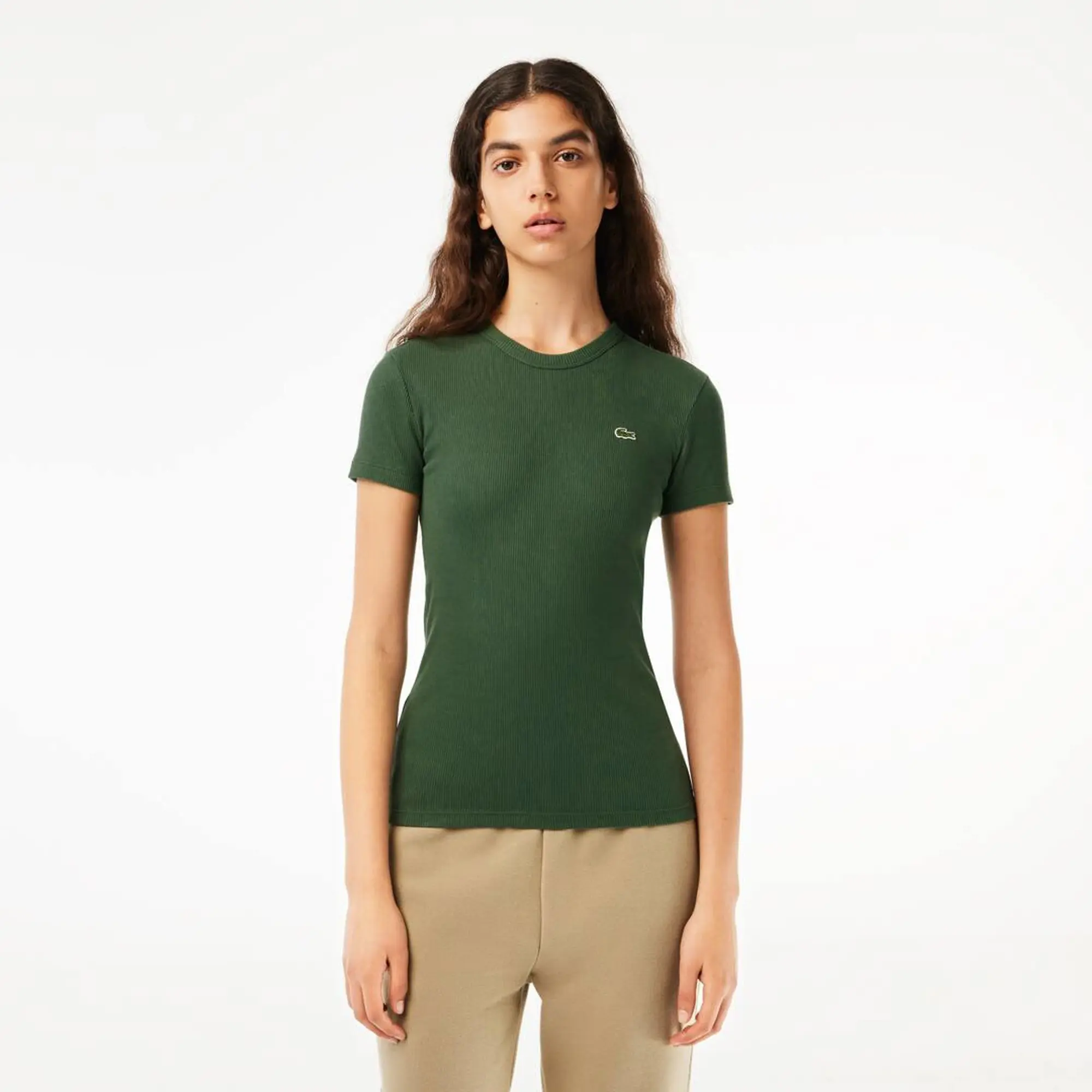 Lacoste Women’s Slim Fit Ribbed Cotton T-shirt - Dark Green
