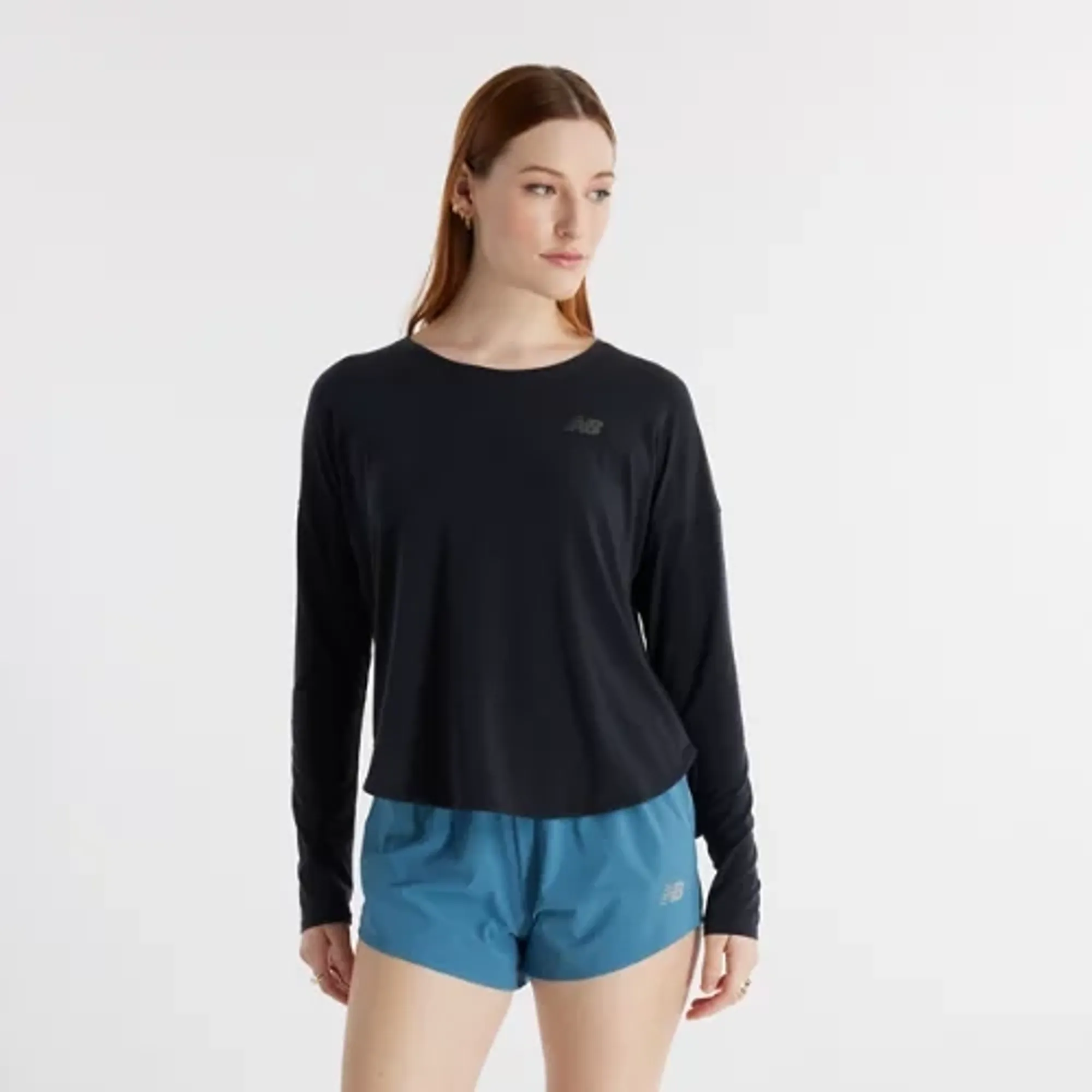 New Balance Women's Drapey Jersey Long Sleeve T-Shirt in Black Poly Knit