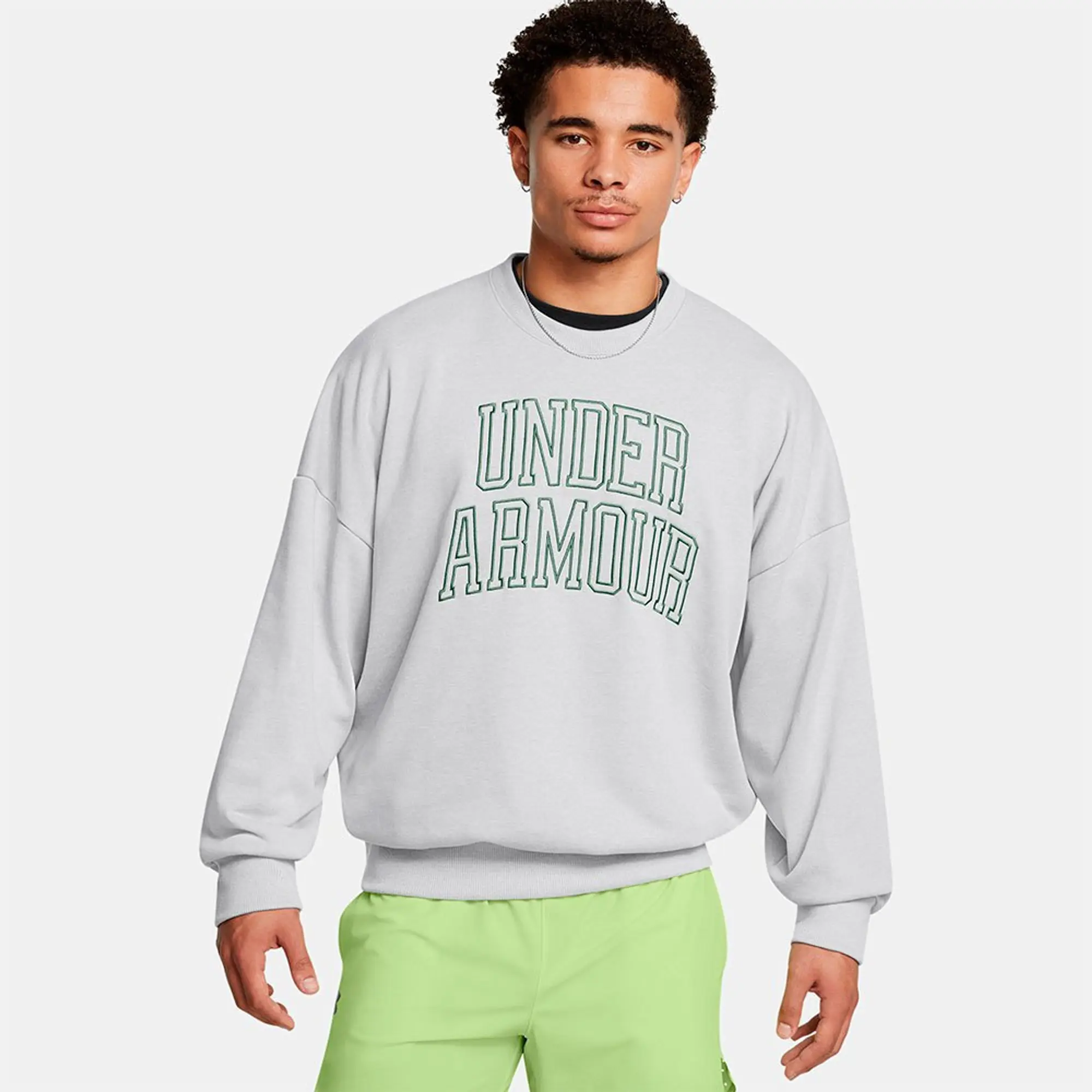 Men's  Under Armour  Icon Heavyweight Terry Oversized Crew Mod Gray Light Heather / Forest Green L