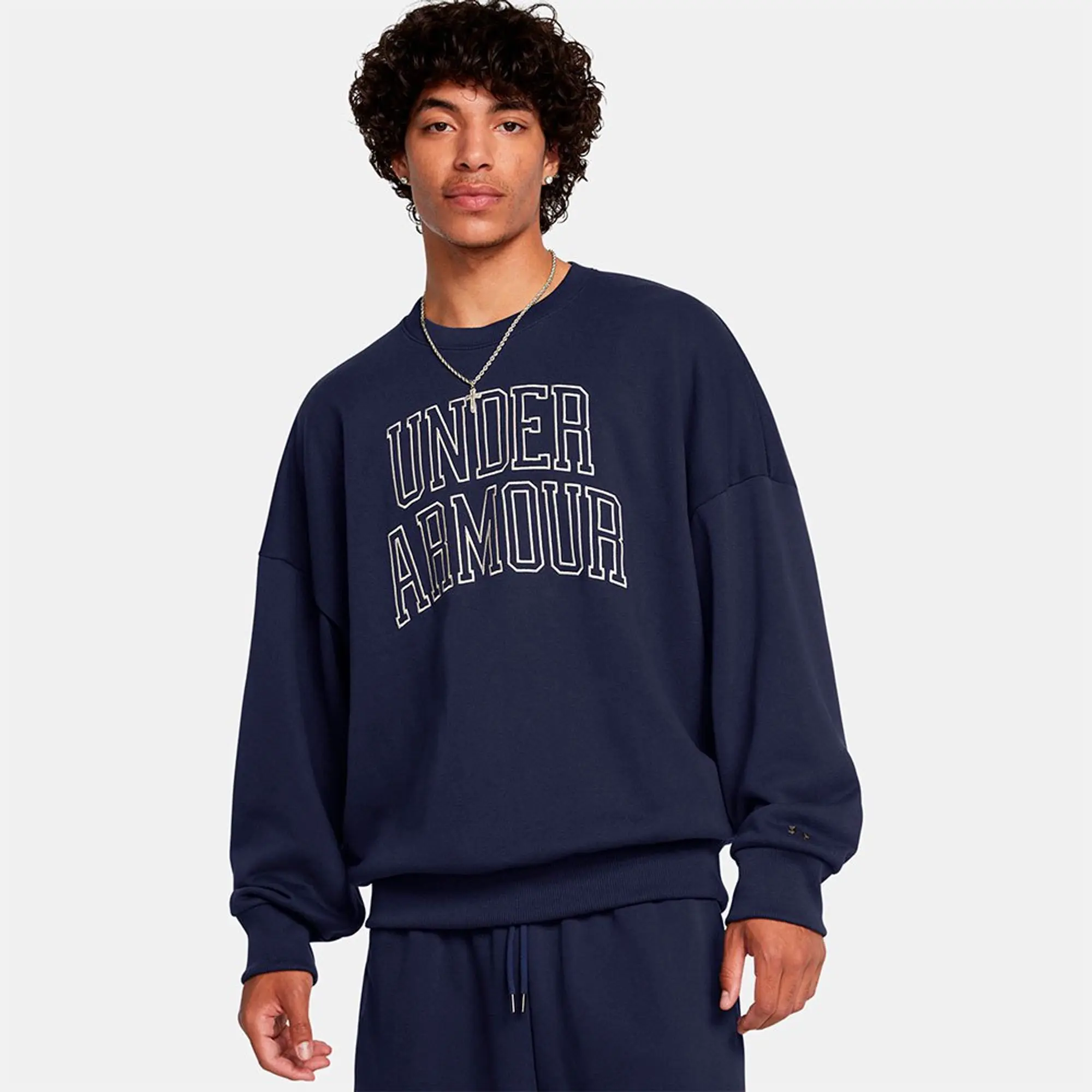 Men's  Under Armour  Icon Heavyweight Terry Oversized Crew Midnight Navy / Summit White S