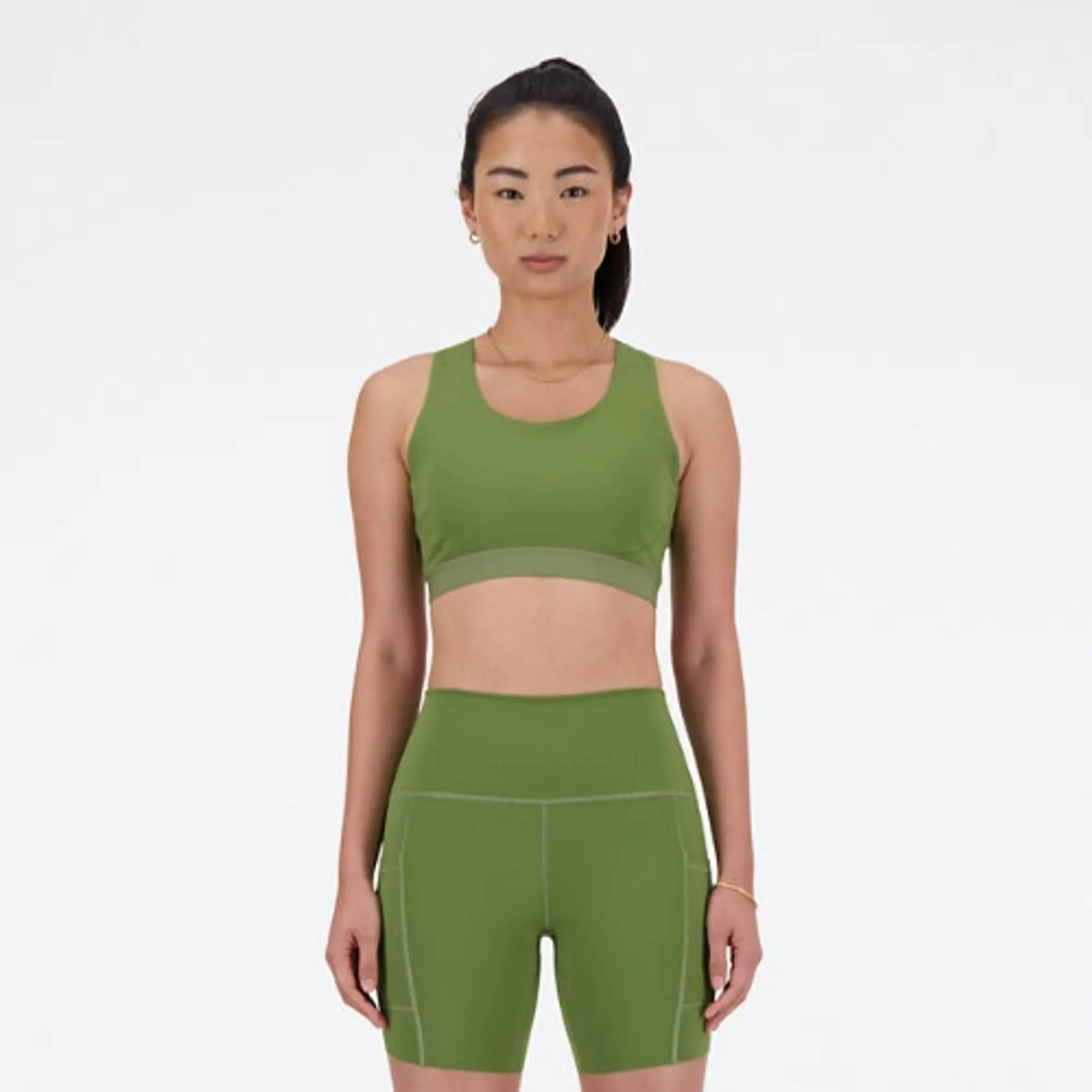 New Balance Women's NB Sleek Medium Support Pocket Sports Bra in Green Poly Knit