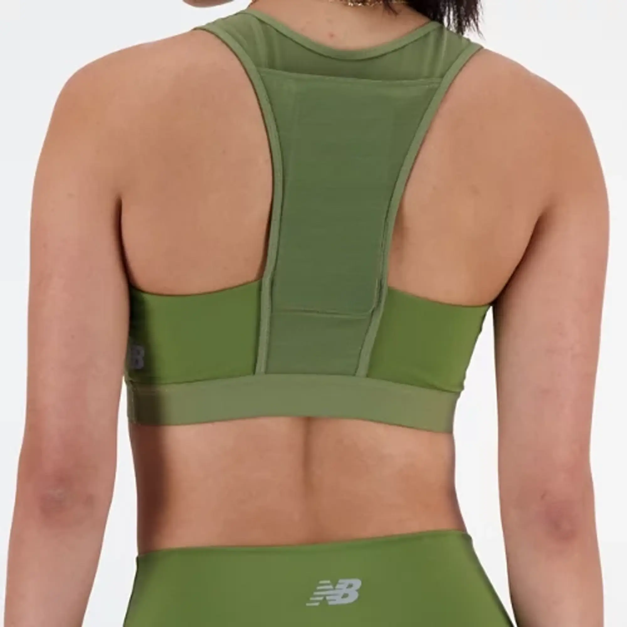 New Balance Women's NB Sleek Medium Support Pocket Sports Bra in Green Poly Knit