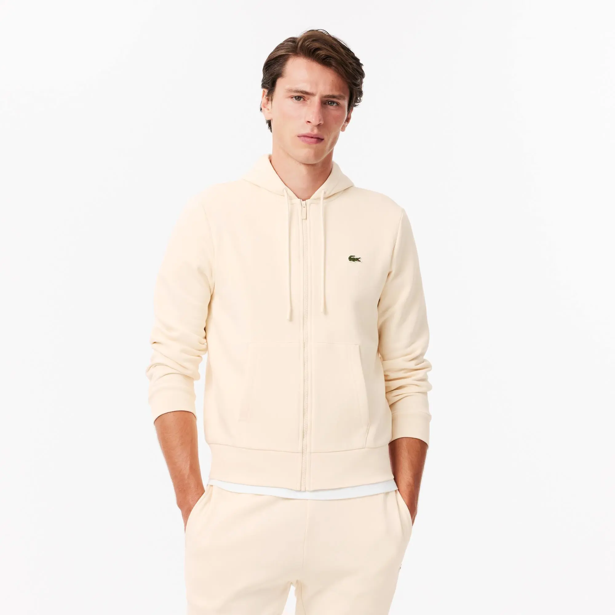 Lacoste Zipped Fleece Hoodie - Ecru White