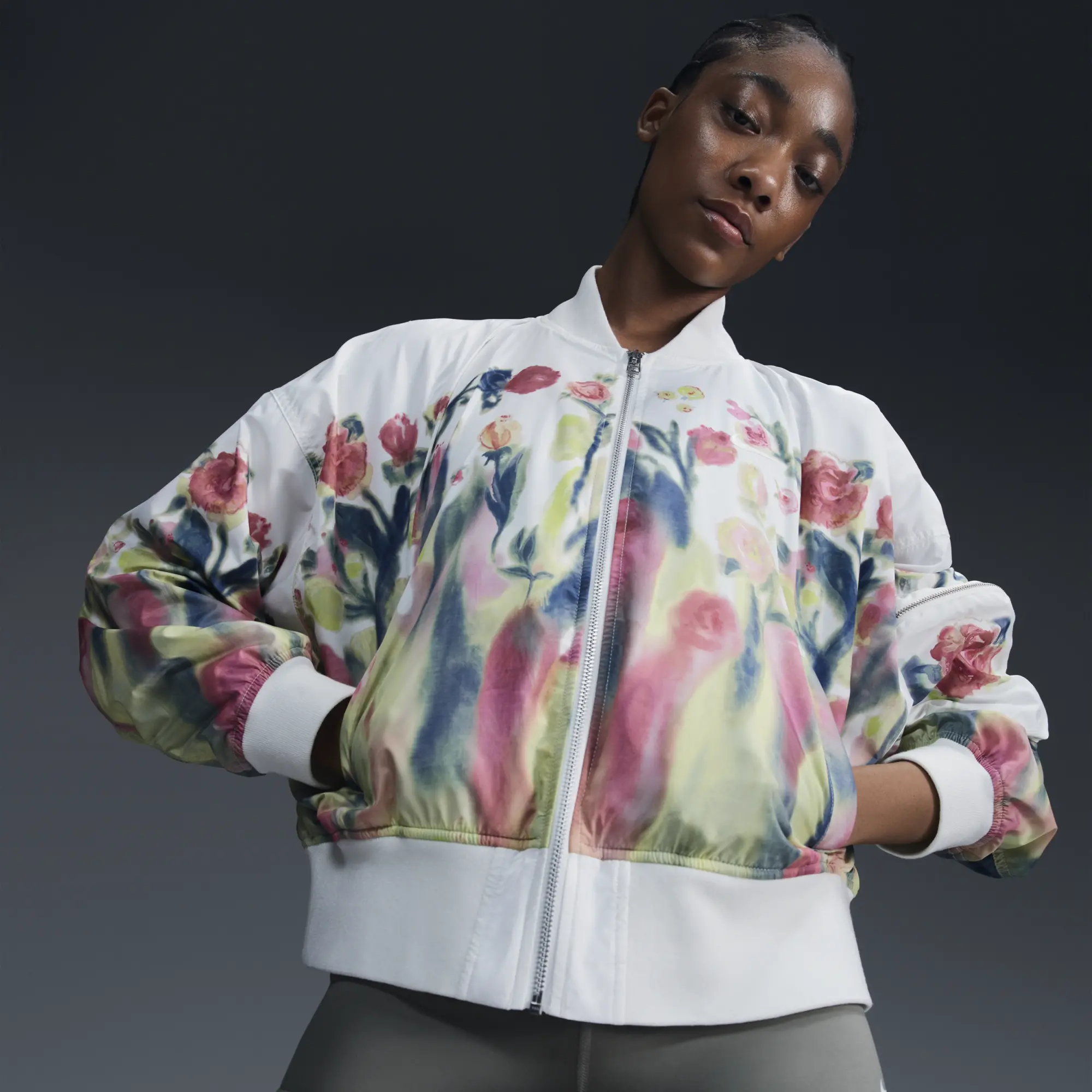 Nike Women's Sportswear Artist Collection Bomber Jacket - Sail/Floral - L - White - Size: Large