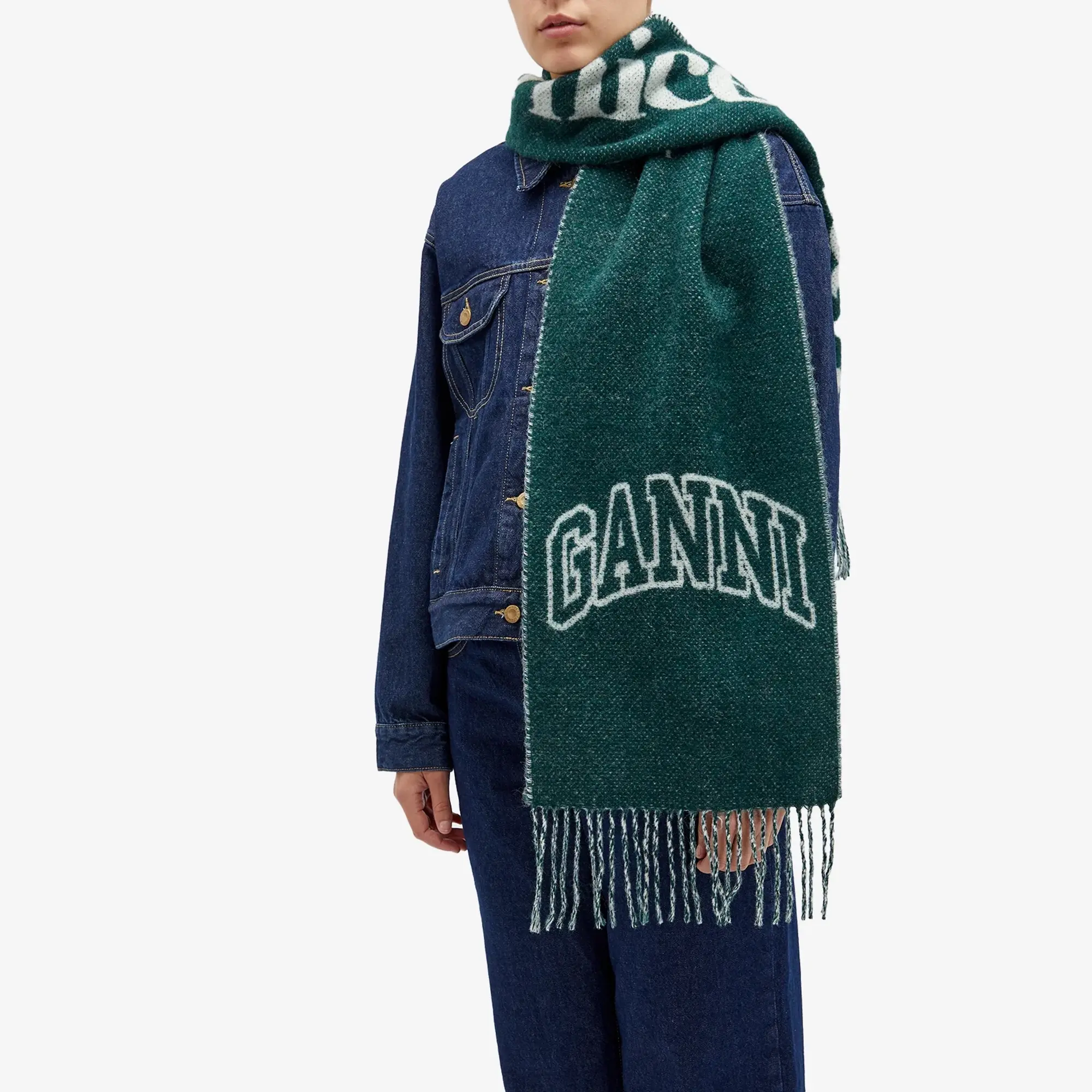 GANNI Women's Narrow Scarf Please Recycle Forest Night