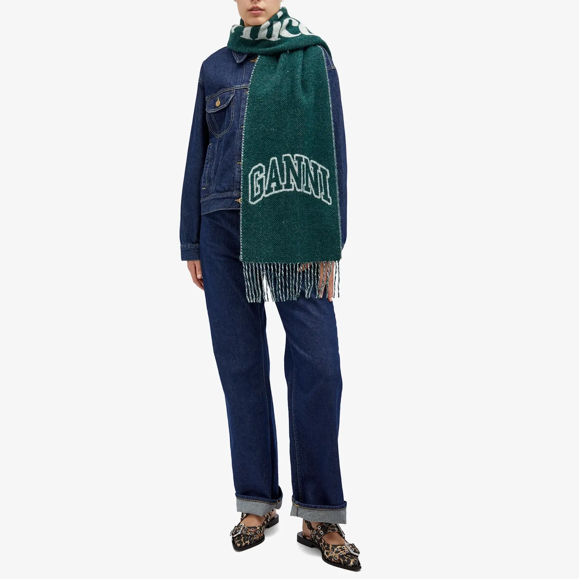 GANNI Women's Narrow Scarf Please Recycle Forest Night