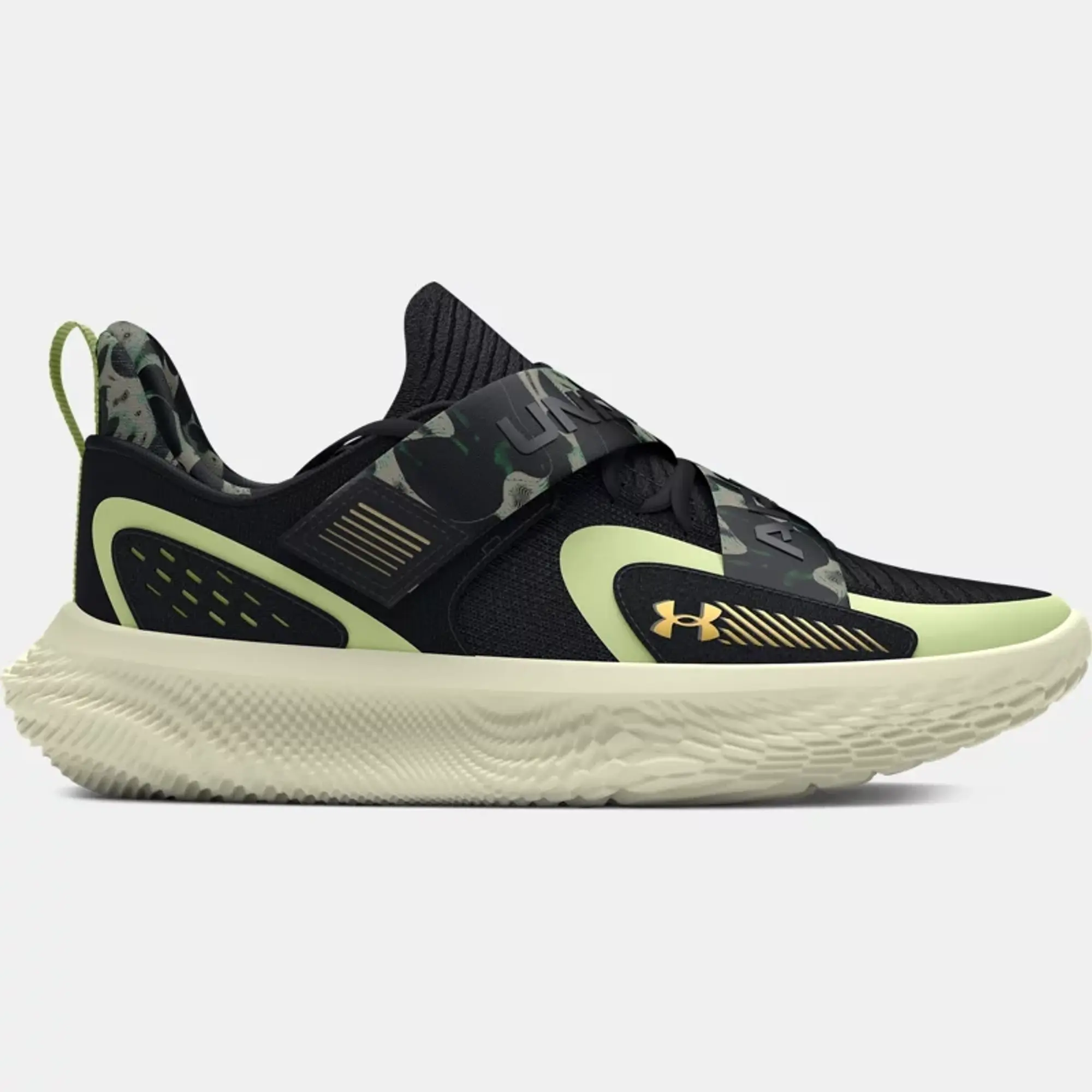 Unisex  Under Armour  FUTR X 4 Camo Basketball Shoes Black / Retro Green / Metallic Gold 8