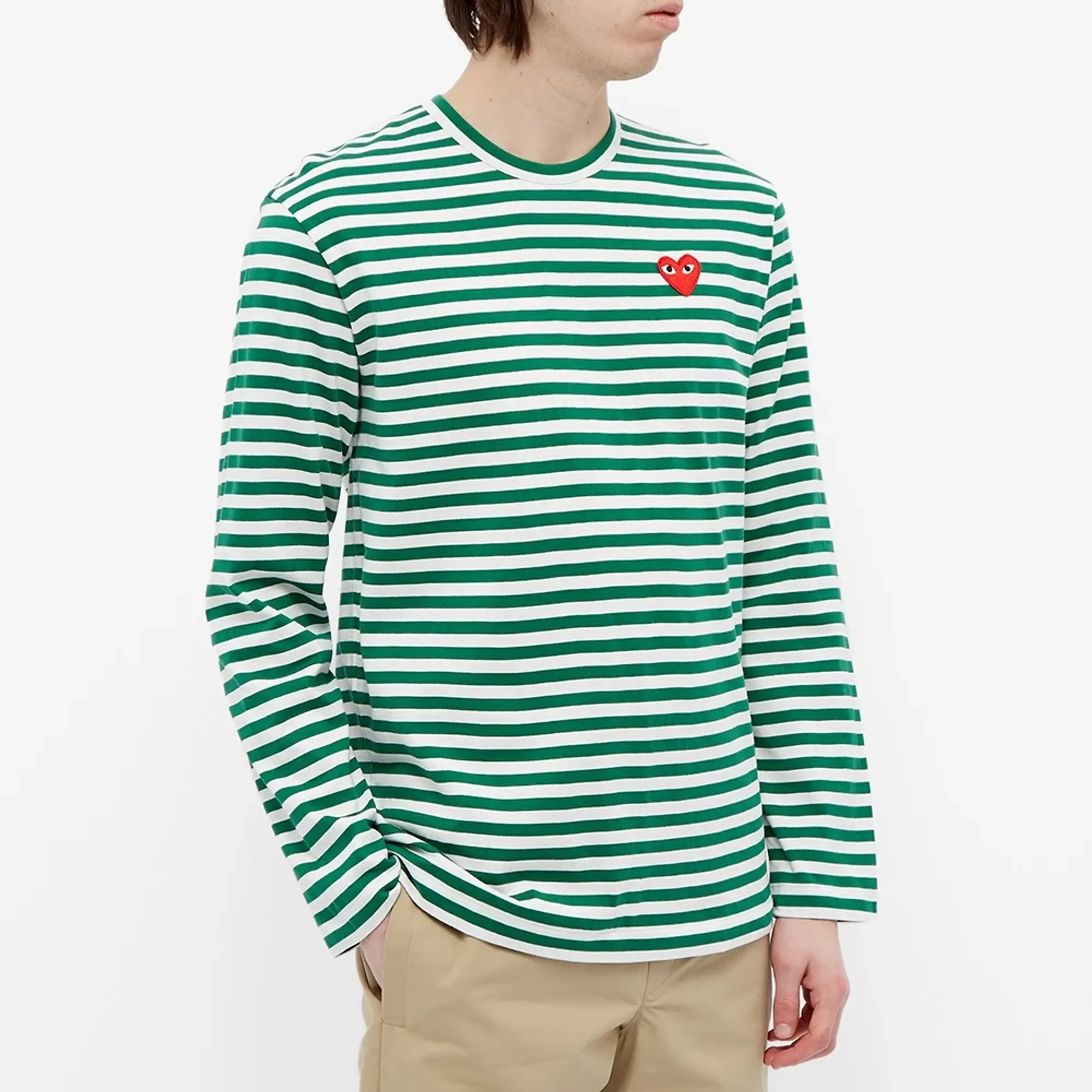Comme des Garçons Play Comme des Garcons Play Long Sleeve Heart Stripe Logo T-Shirt Green/White/Red