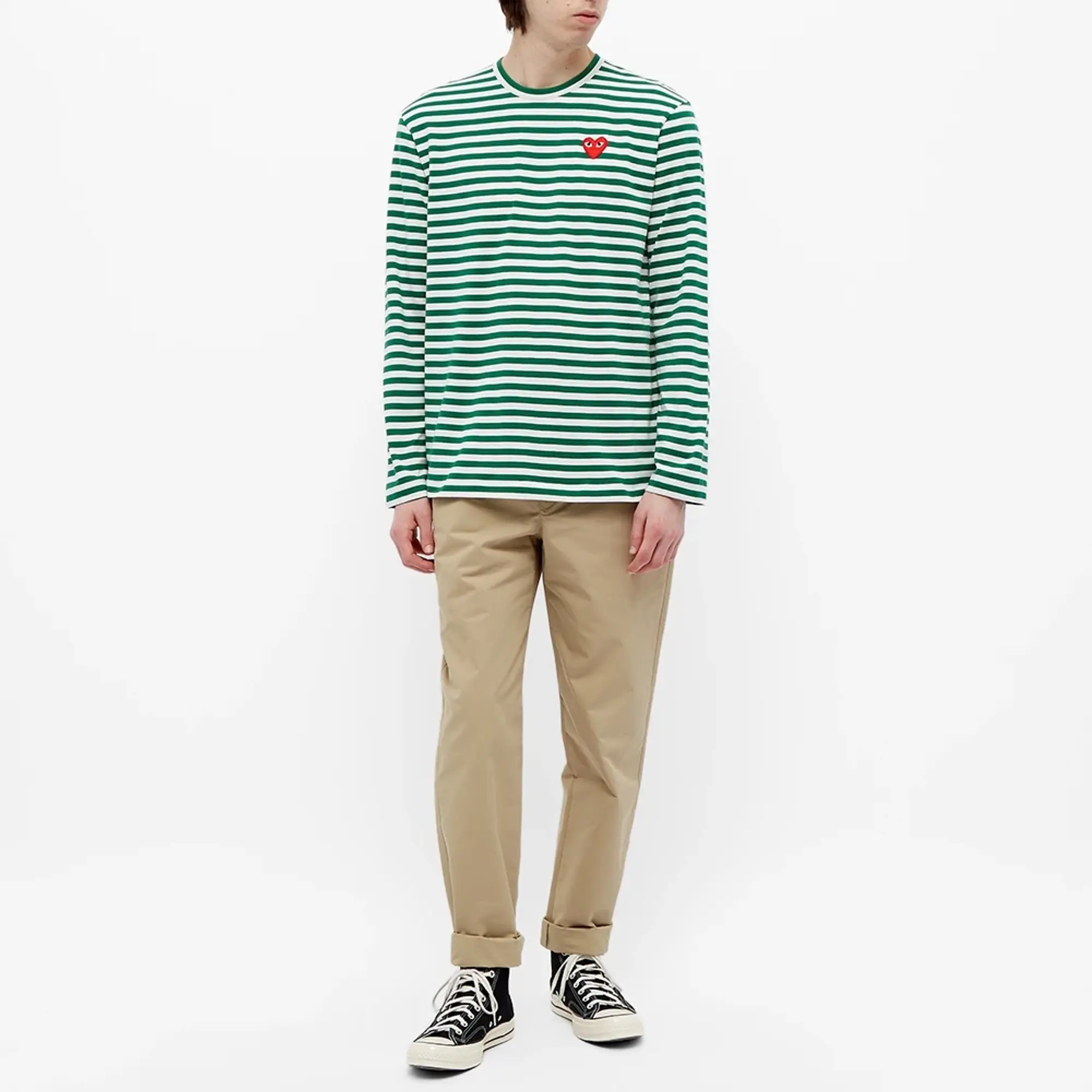 Comme des Garçons Play Comme des Garcons Play Long Sleeve Heart Stripe Logo T-Shirt Green/White/Red