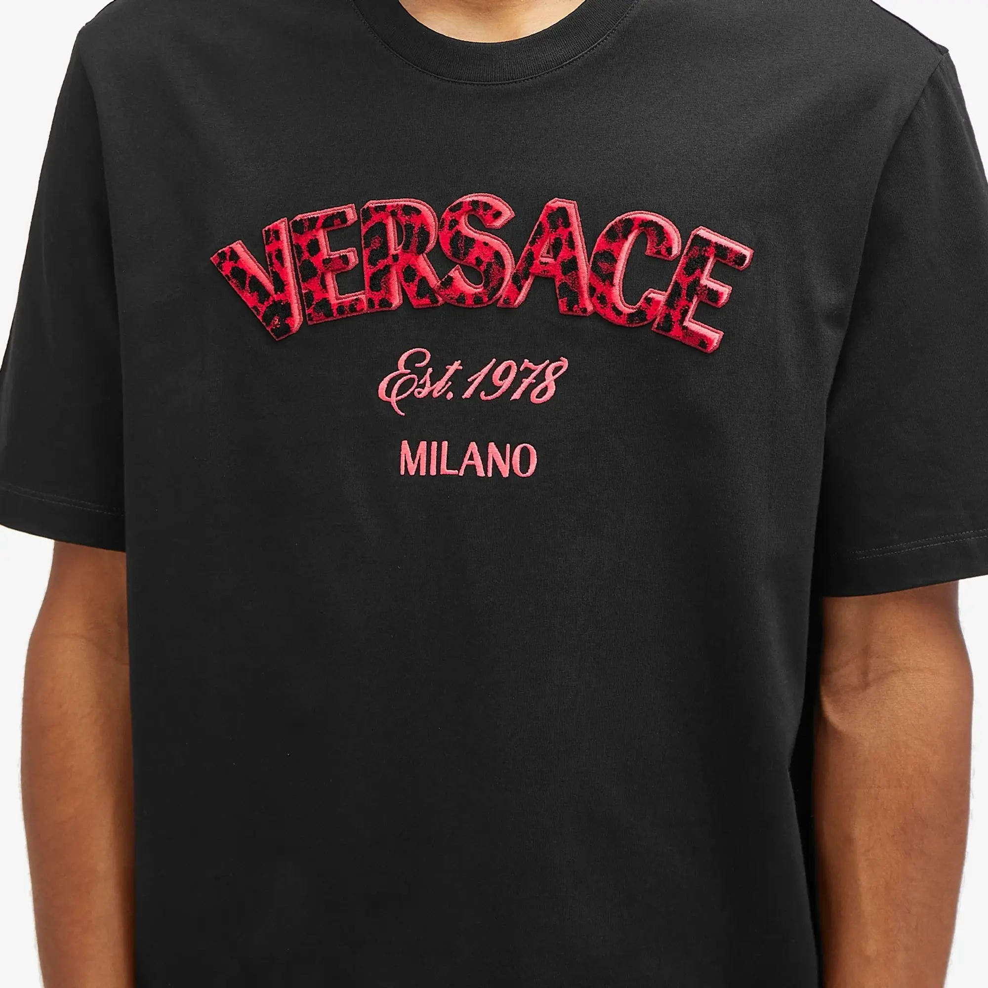 Versace Men's Leopard Logo Embroidered T-Shirt Black