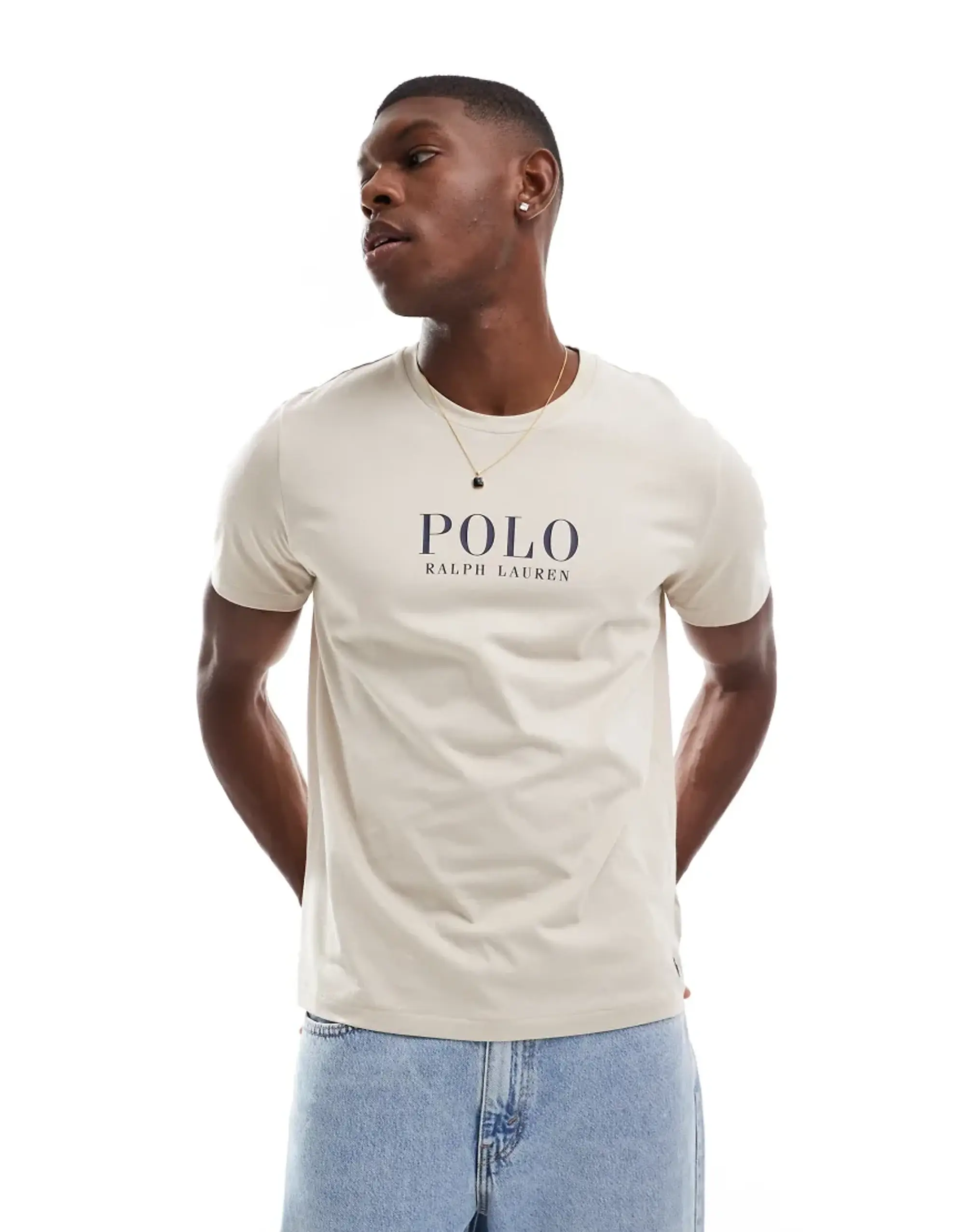 Polo Ralph Lauren Lounge T-Shirt With Chest Text Logo In Cream-White