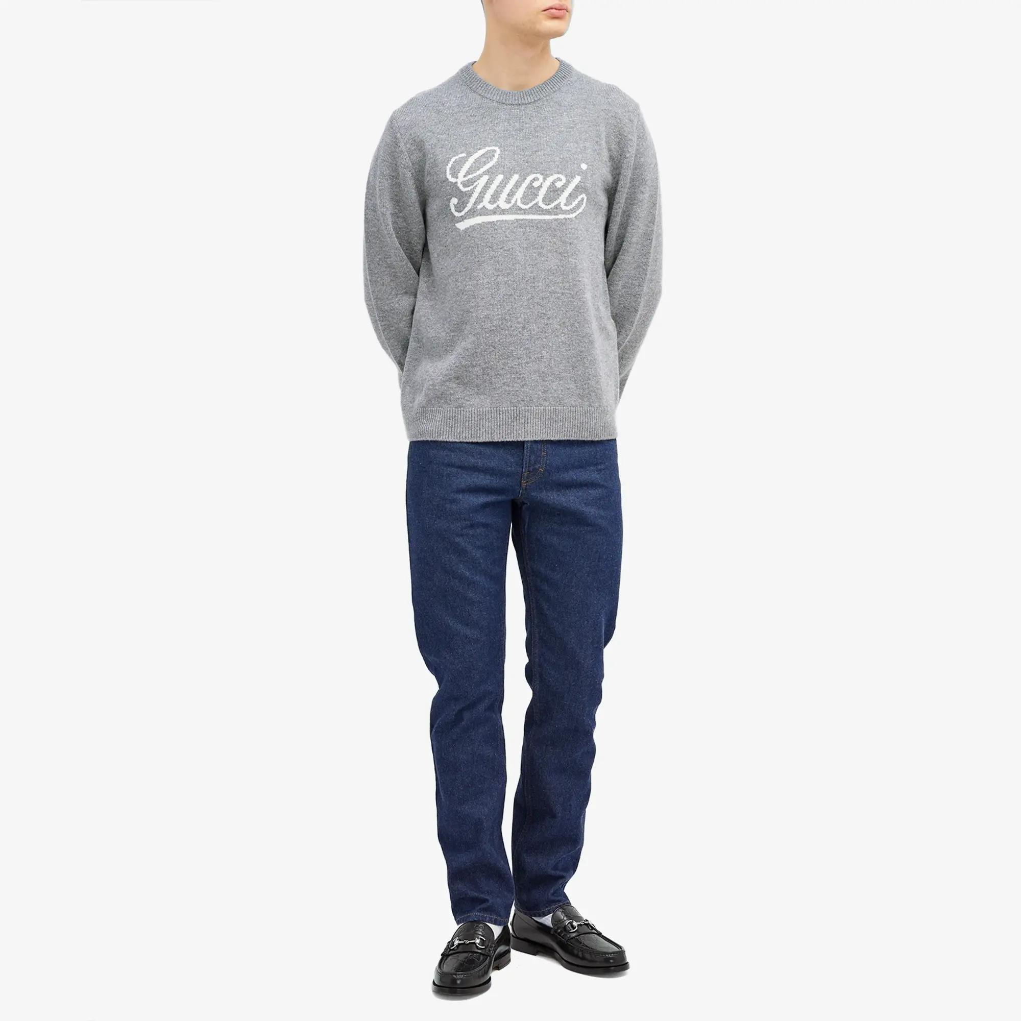 Gucci Men's Script Logo Crew Neck Jumper Grey