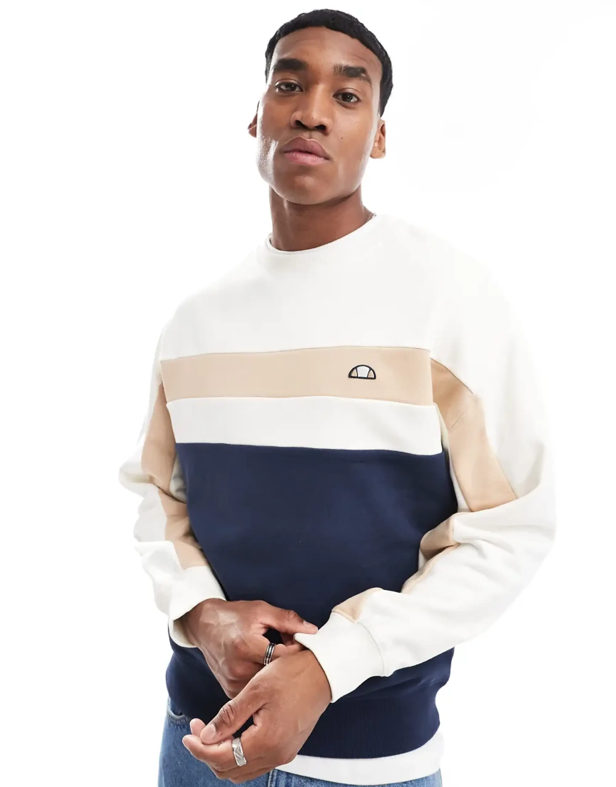 Ellesse Andora Chest Stripe Sweatshirt In Off White And Navy