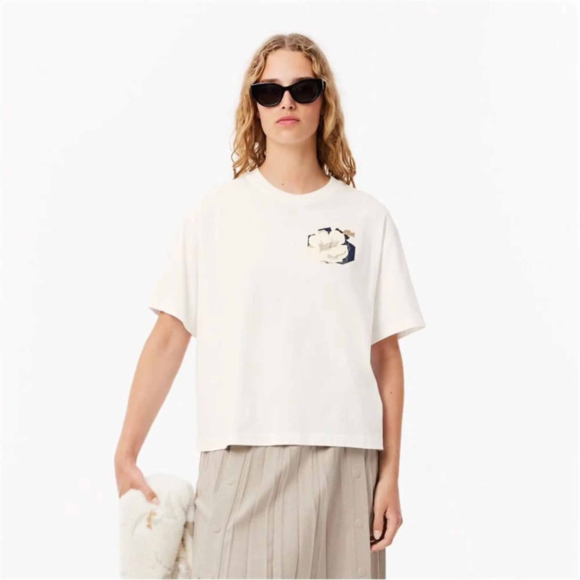 Lacoste Oversized Flower Print Cotton T-shirt - White