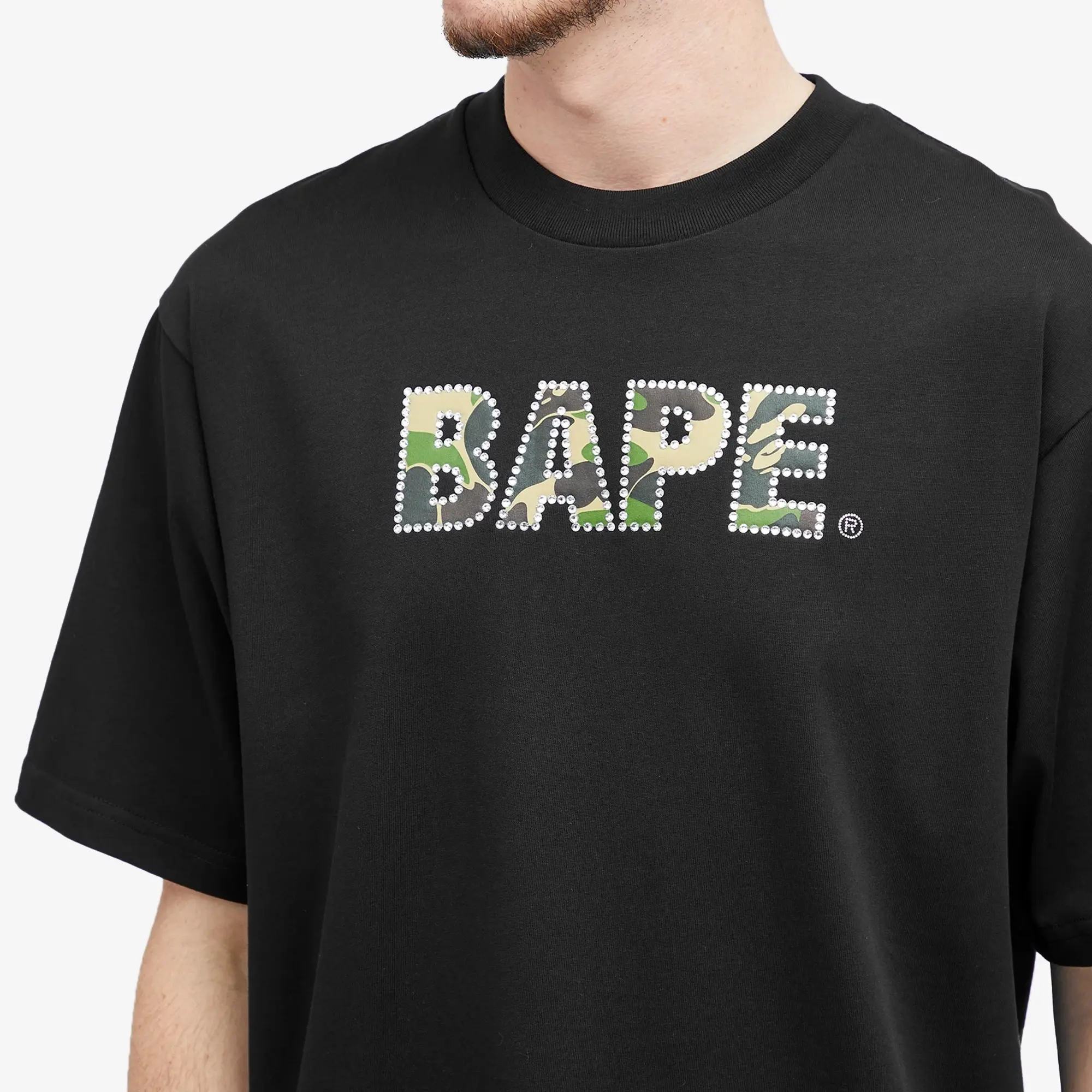T-Shirt A Bathing Ape Rhinestone Logo Relaxed Fit Short Sleeve Tee Black Xl