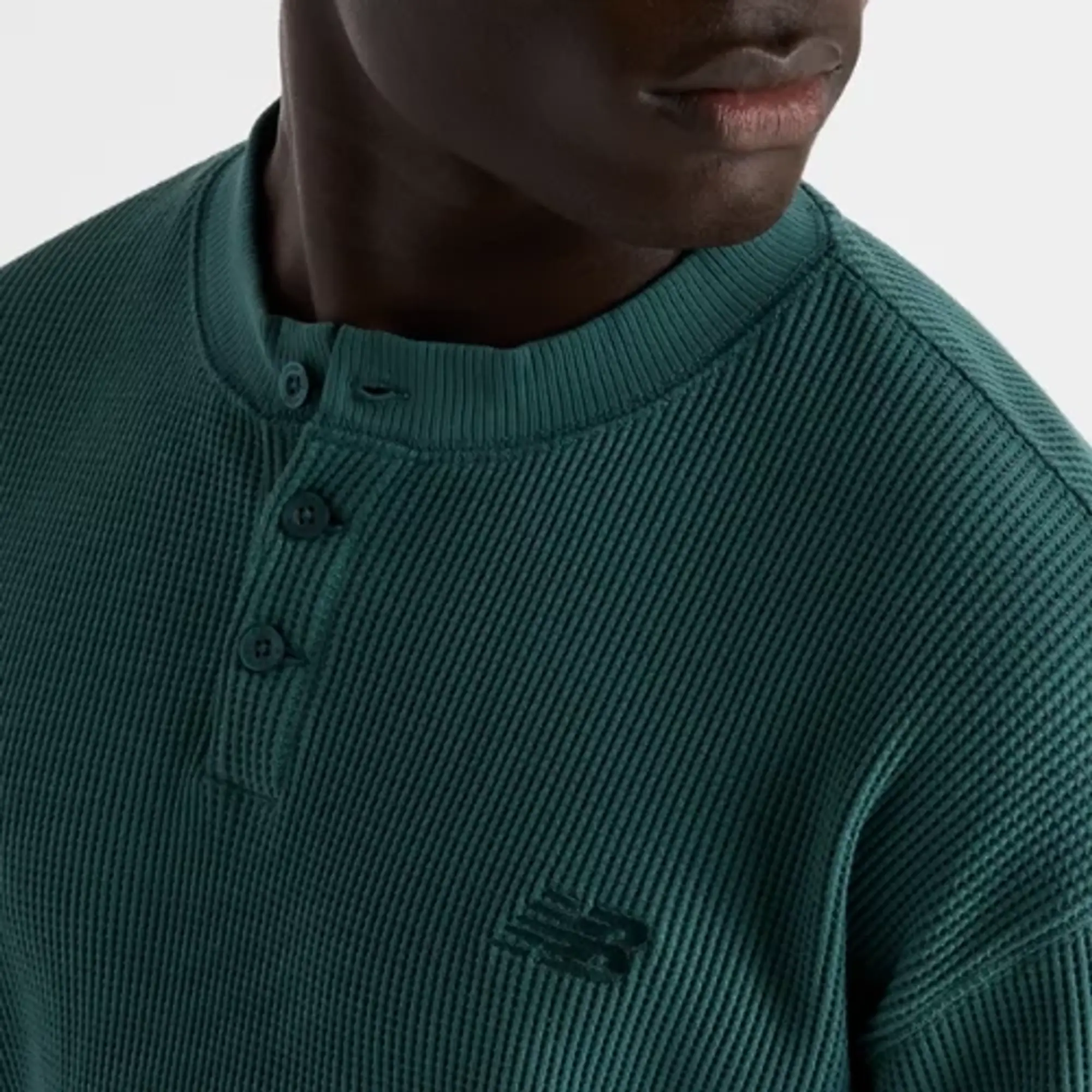 New Balance Men's Waffle Knit Long Sleeve Henley in Green Cotton