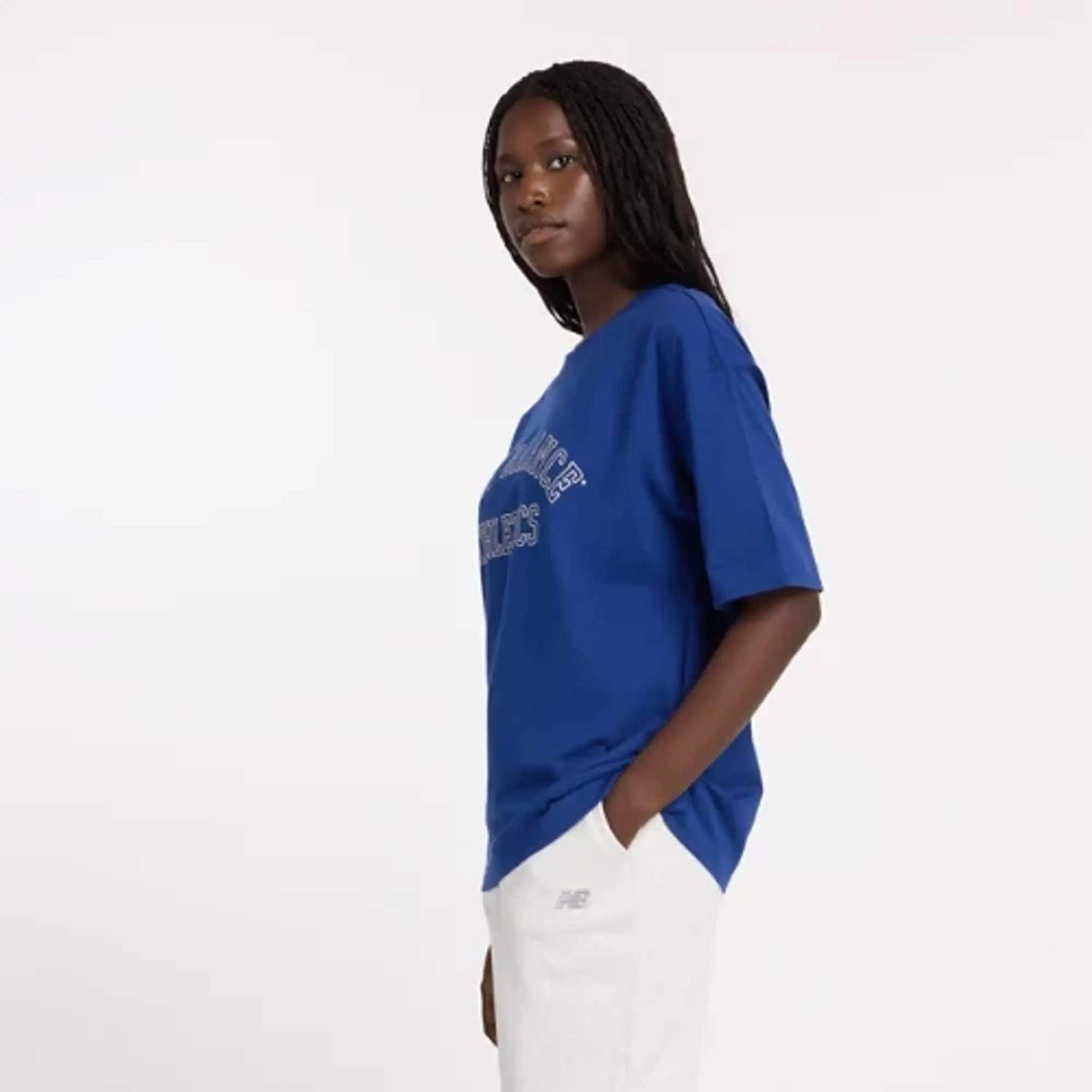 New Balance Women's Graphic Jersey Oversized T-Shirt in Blue Cotton Jersey