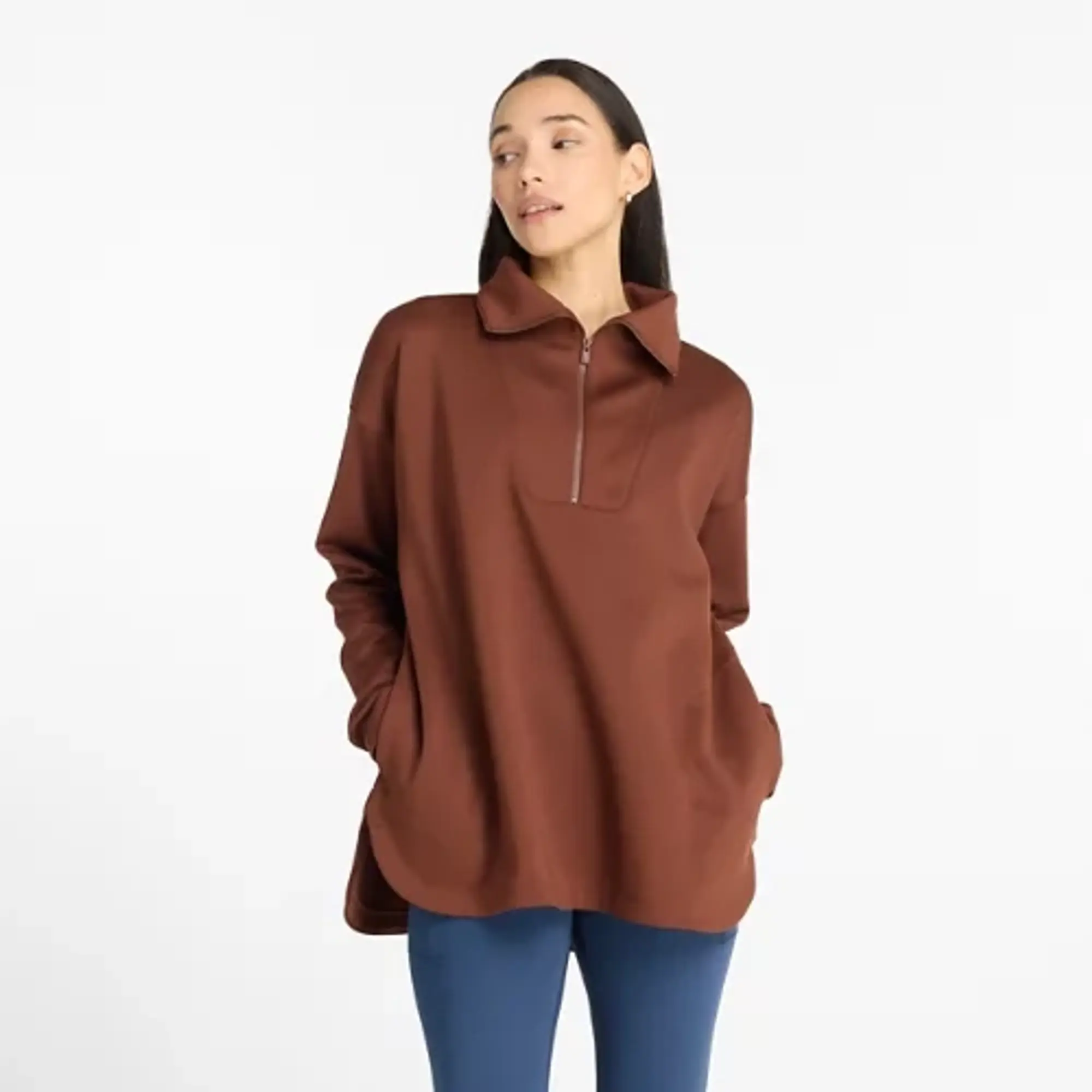 New Balance Women's Tech Knit Oversized Half Zip in Brown Poly Knit