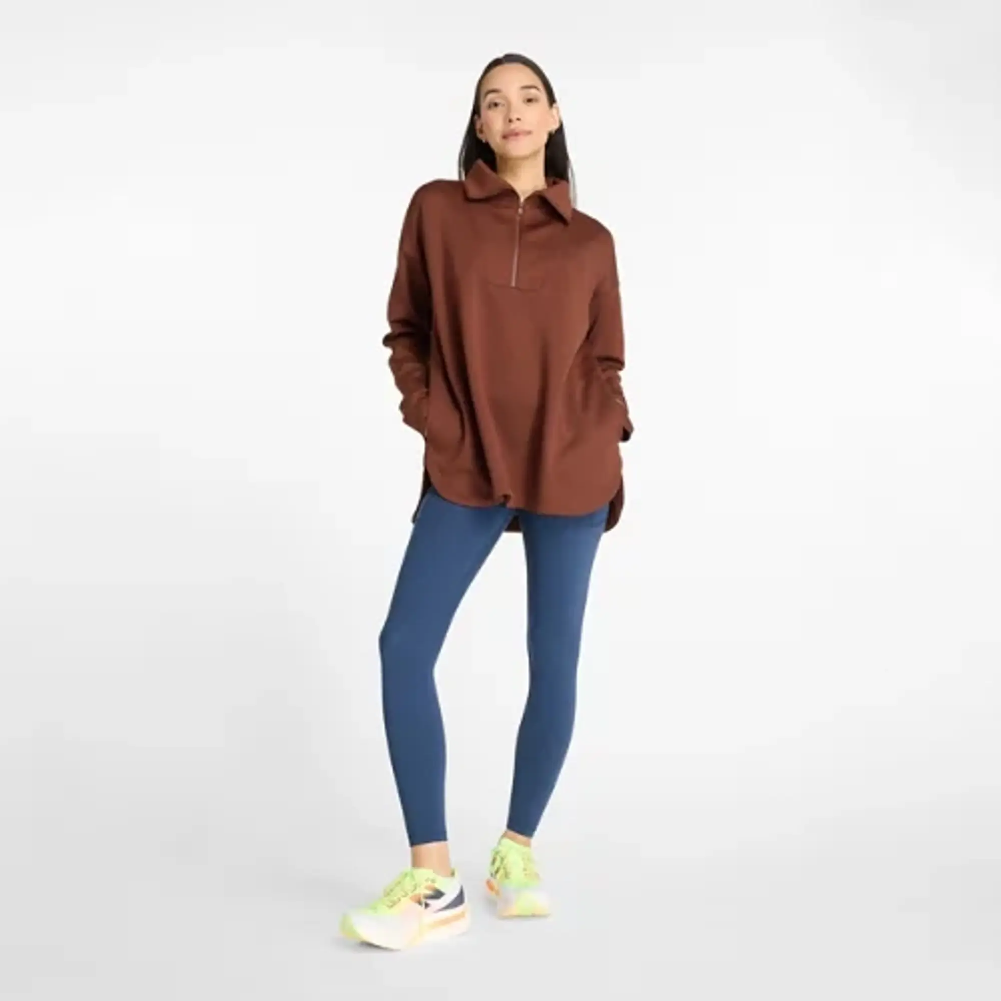 New Balance Women's Tech Knit Oversized Half Zip in Brown Poly Knit