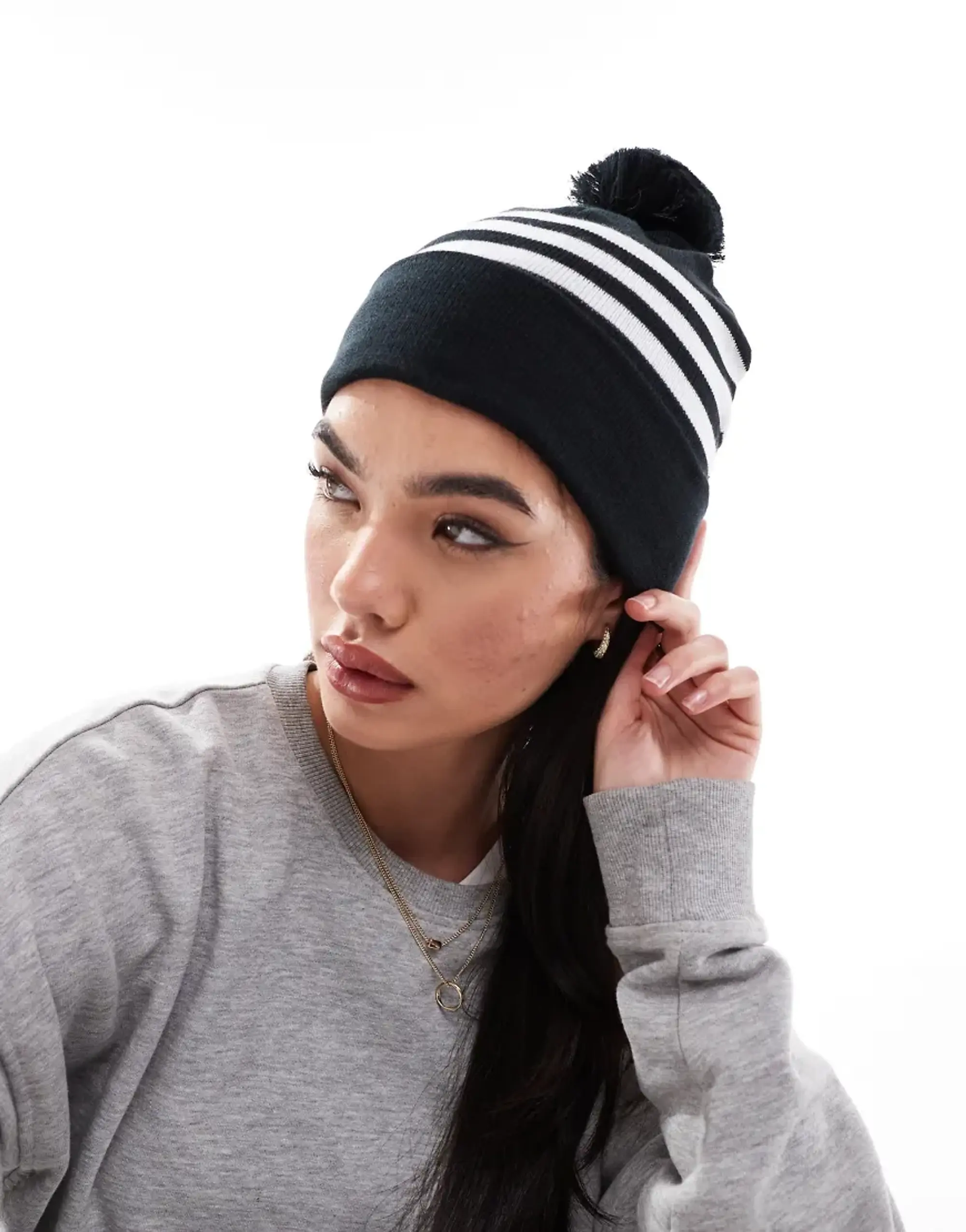 Adidas Performance 3 Stripe Beanie With Pom Pom In Black