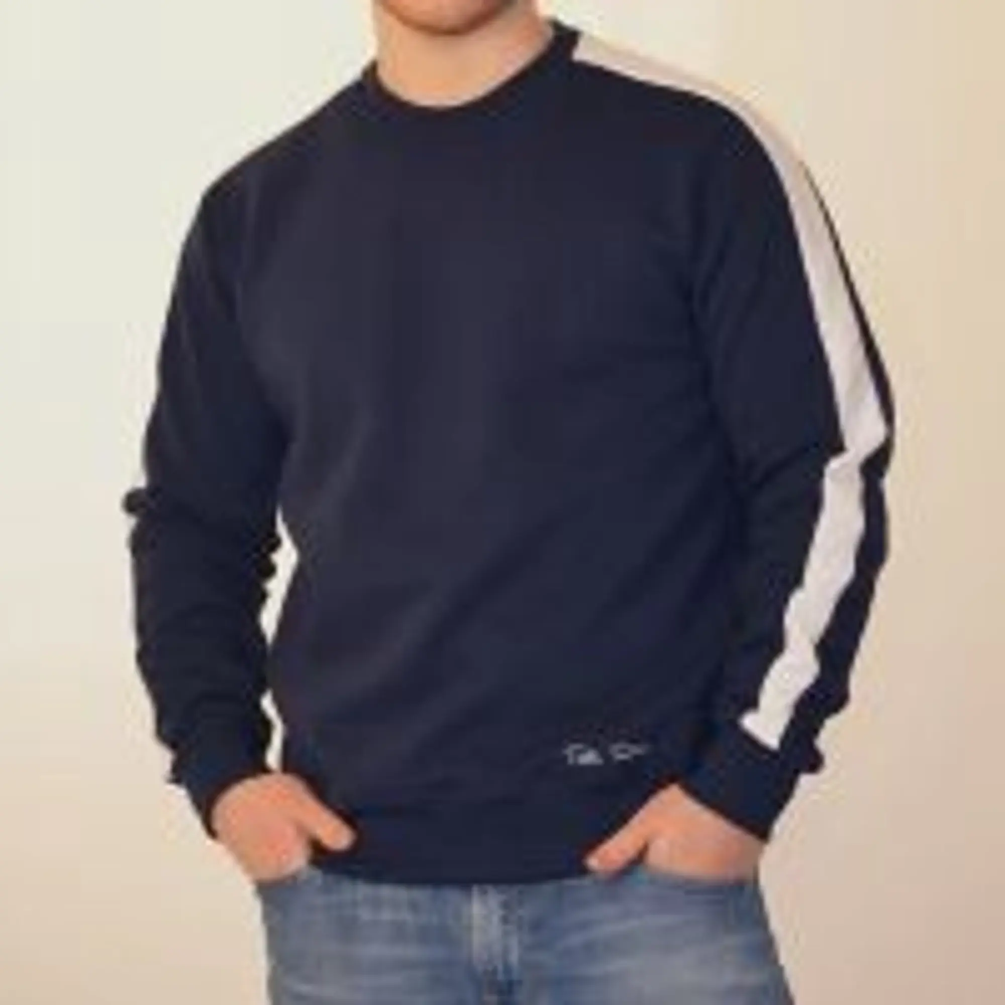 Toffs Retro Navy Sweatshirt White sleeve panels.