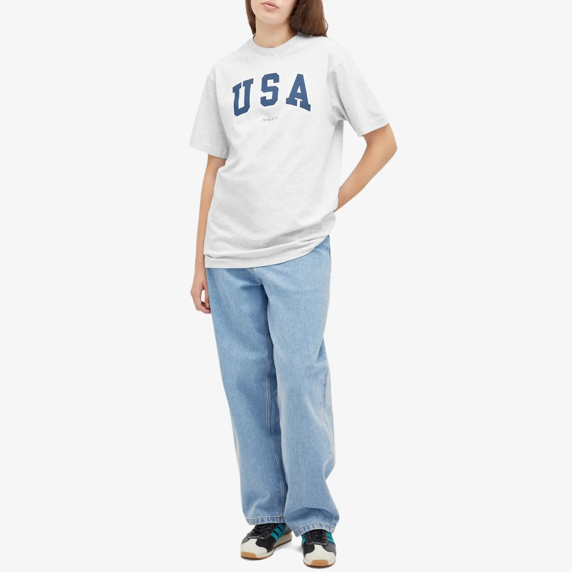 Sporty & Rich Women's USA T-Shirt Heather Gray Navy/White